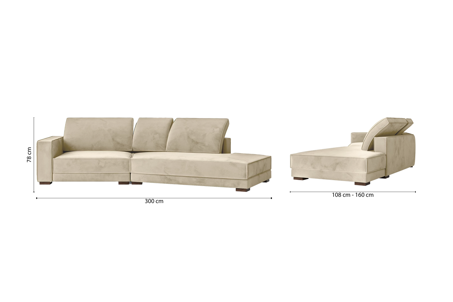 Bolzano 3 Seater Right Hand Facing Chaise Lounge Corner Sofa Cream Velvet