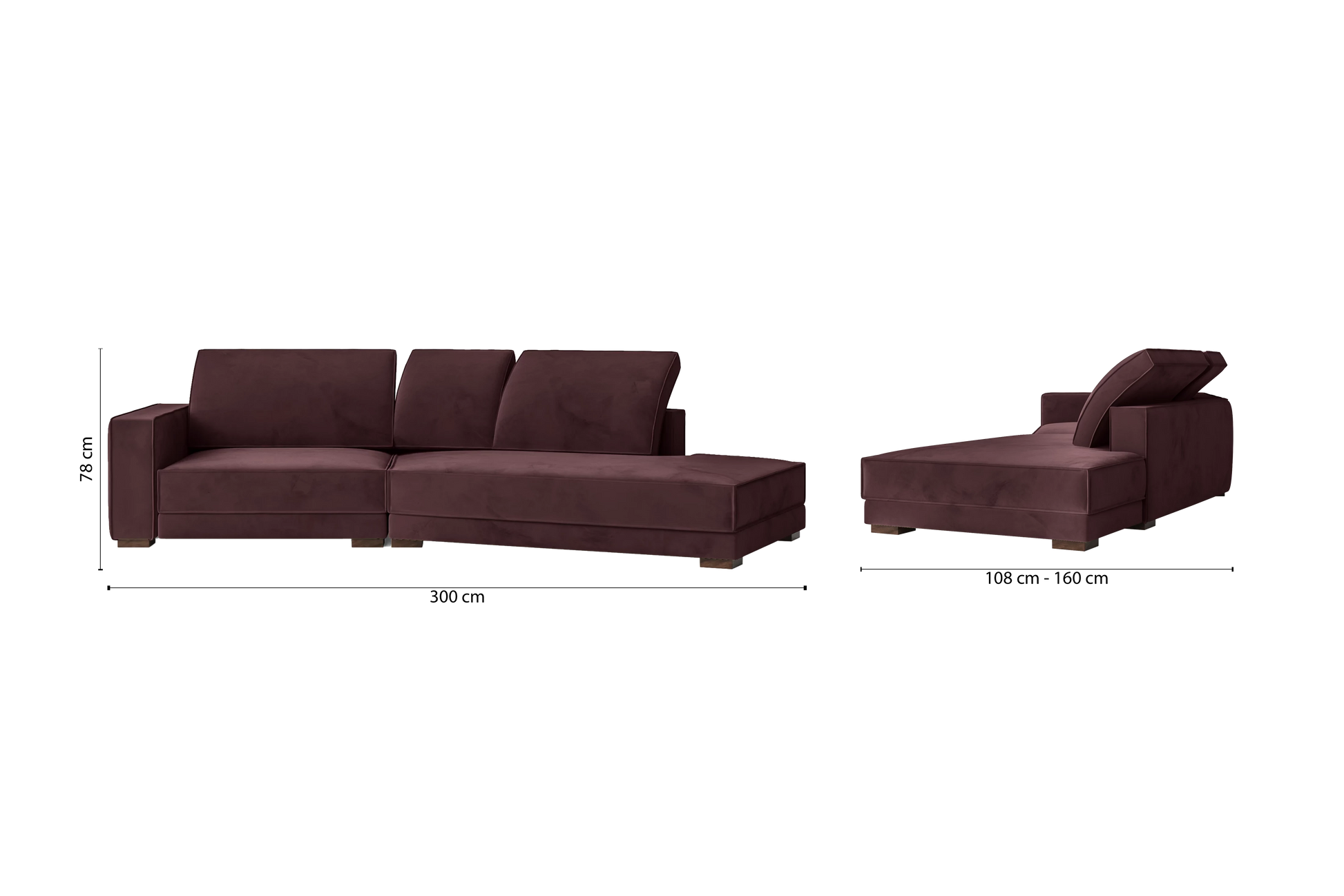 Bolzano 3 Seater Right Hand Facing Chaise Lounge Corner Sofa Grape Velvet