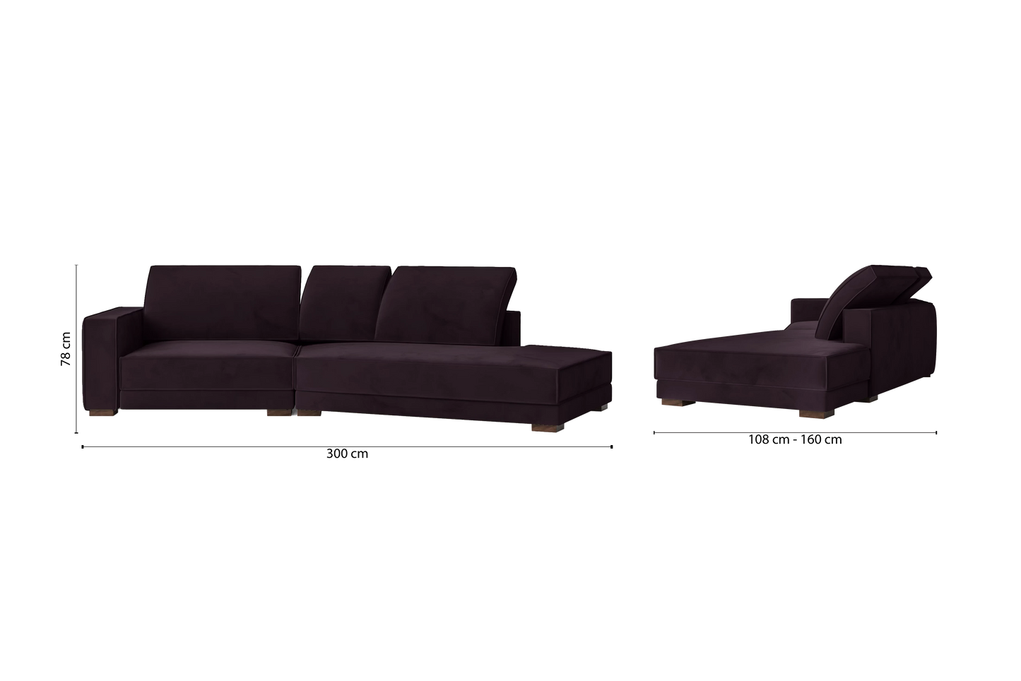 Bolzano 3 Seater Right Hand Facing Chaise Lounge Corner Sofa Purple Velvet