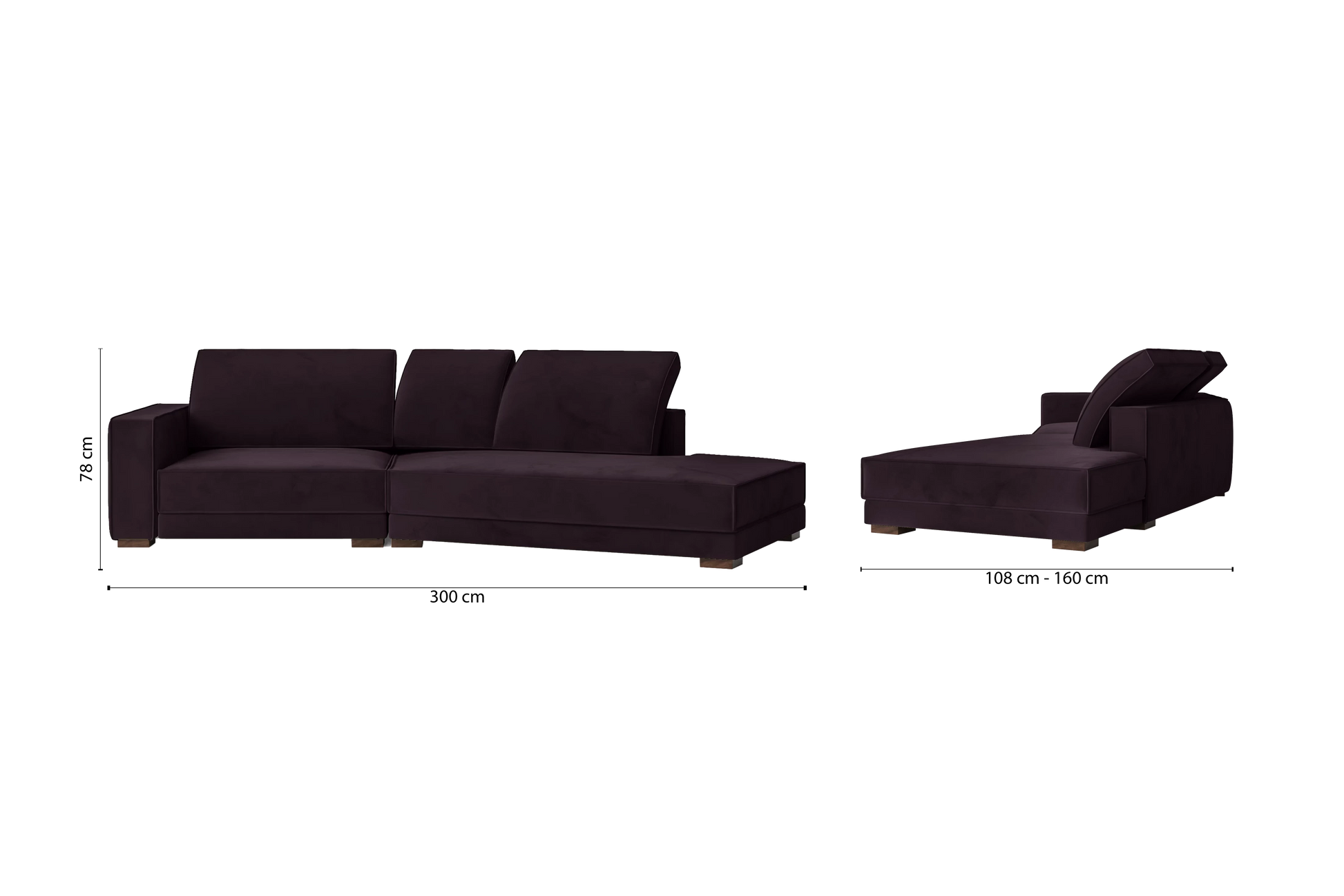 Bolzano 3 Seater Right Hand Facing Chaise Lounge Corner Sofa Purple Velvet