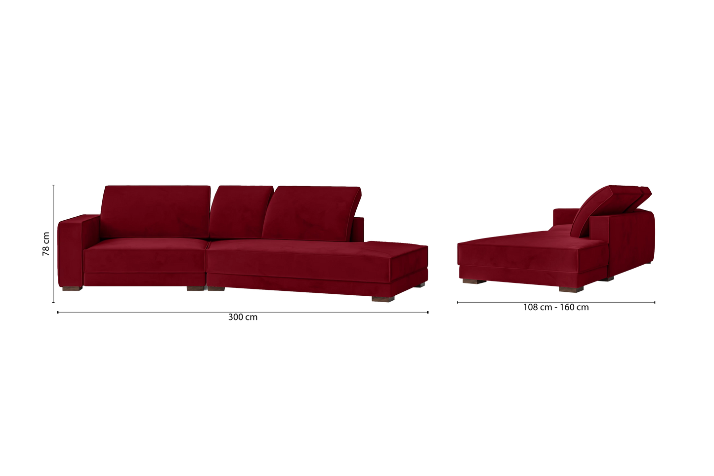 Bolzano 3 Seater Right Hand Facing Chaise Lounge Corner Sofa Red Velvet