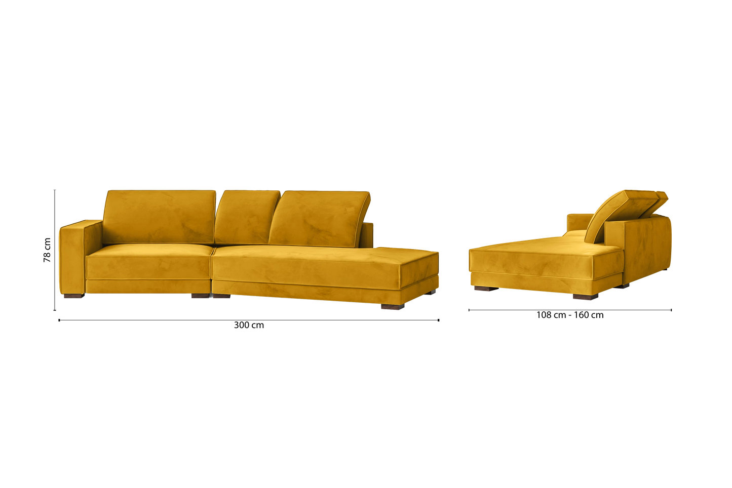 Bolzano 3 Seater Right Hand Facing Chaise Lounge Corner Sofa Yellow Velvet