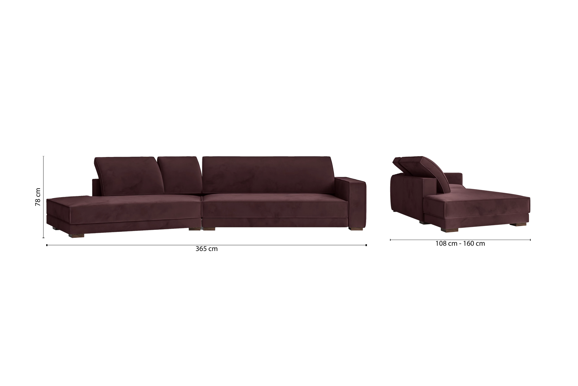 Bolzano 4 Seater Left Hand Facing Chaise Lounge Corner Sofa Grape Velvet