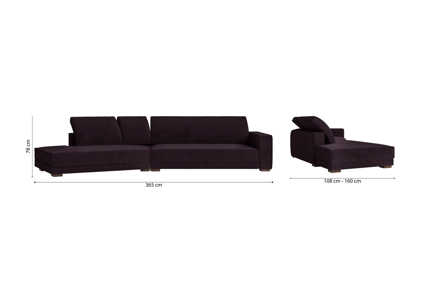 Bolzano 4 Seater Left Hand Facing Chaise Lounge Corner Sofa Purple Velvet