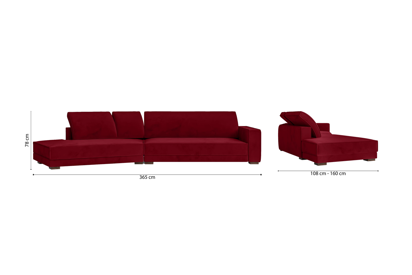 Bolzano 4 Seater Left Hand Facing Chaise Lounge Corner Sofa Red Velvet