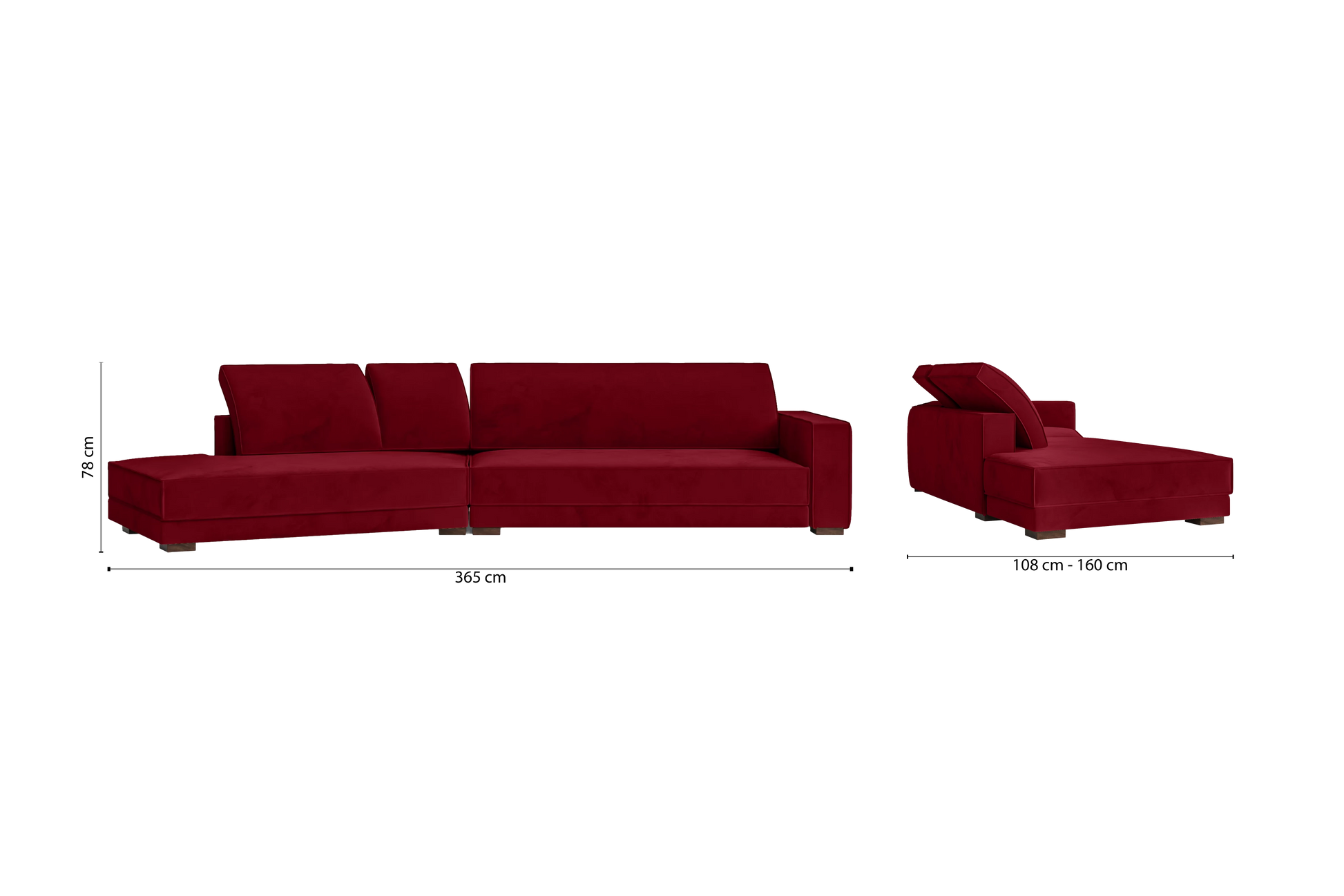 Bolzano 4 Seater Left Hand Facing Chaise Lounge Corner Sofa Red Velvet