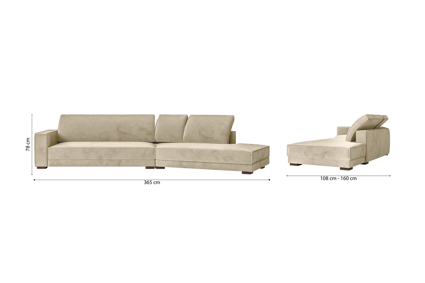 Bolzano 4 Seater Right Hand Facing Chaise Lounge Corner Sofa Cream Velvet