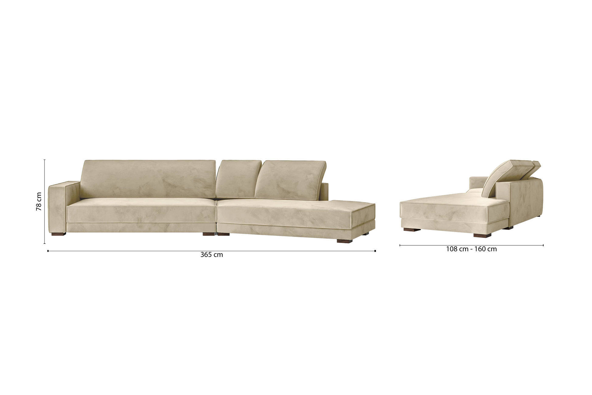 Bolzano 4 Seater Right Hand Facing Chaise Lounge Corner Sofa Cream Velvet