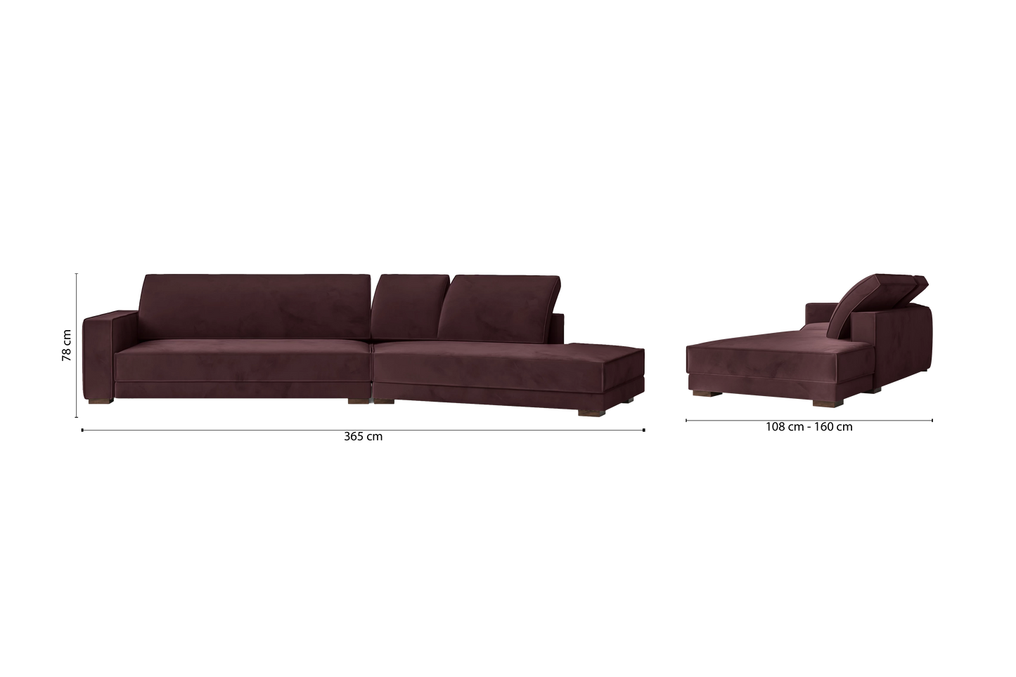 Bolzano 4 Seater Right Hand Facing Chaise Lounge Corner Sofa Grape Velvet