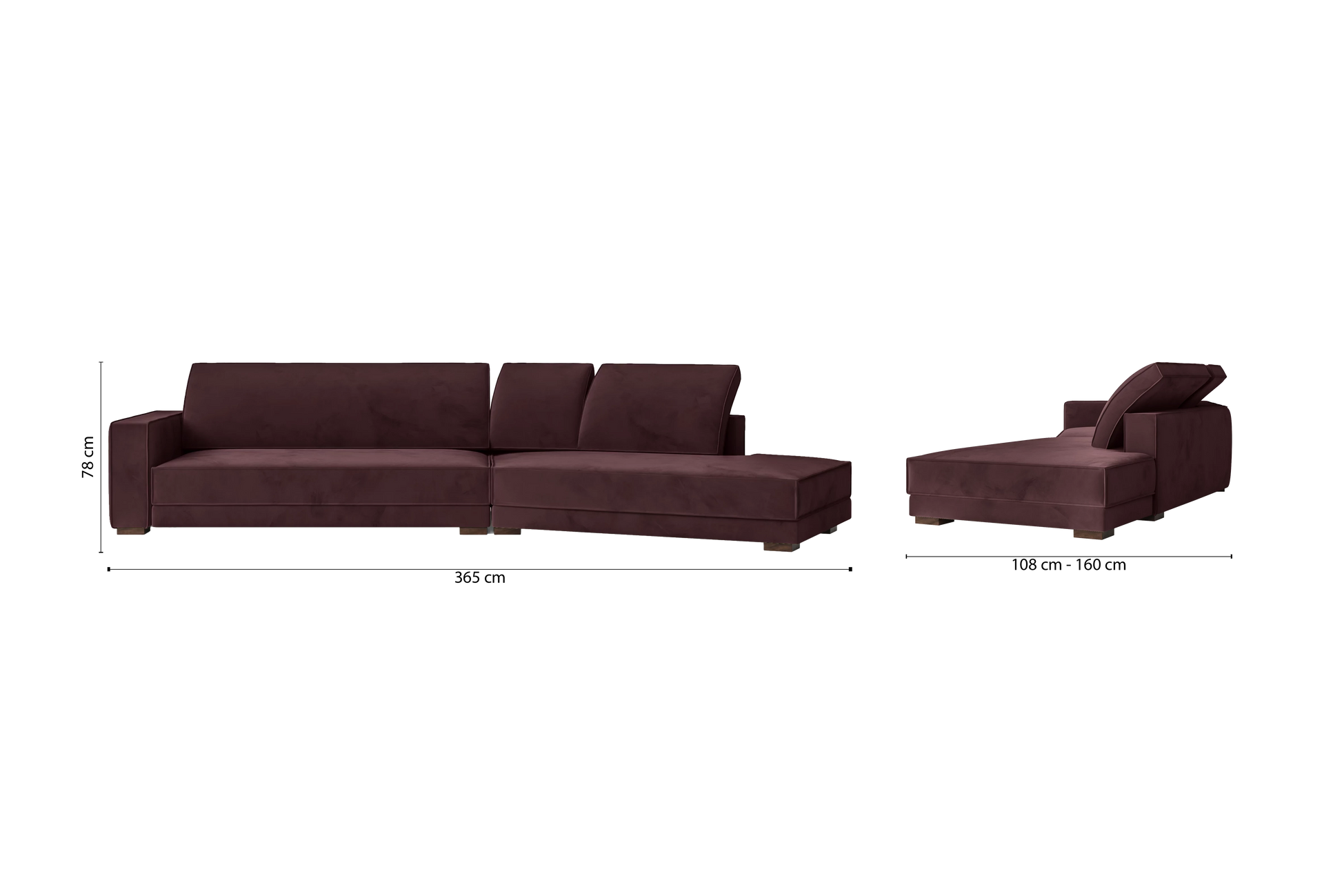 Bolzano 4 Seater Right Hand Facing Chaise Lounge Corner Sofa Grape Velvet