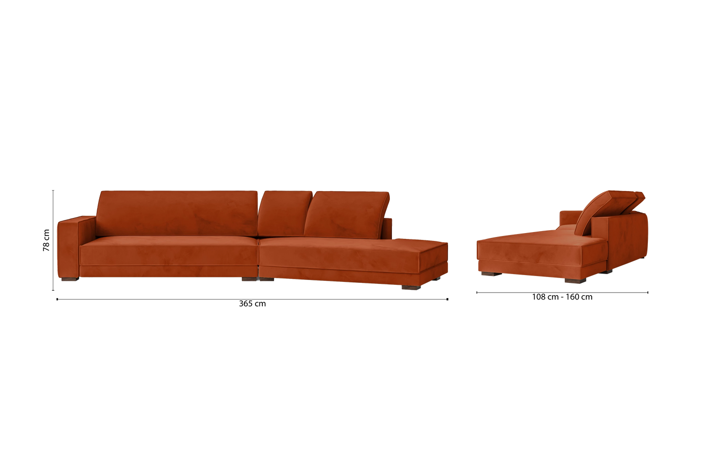 Bolzano 4 Seater Right Hand Facing Chaise Lounge Corner Sofa Orange Velvet