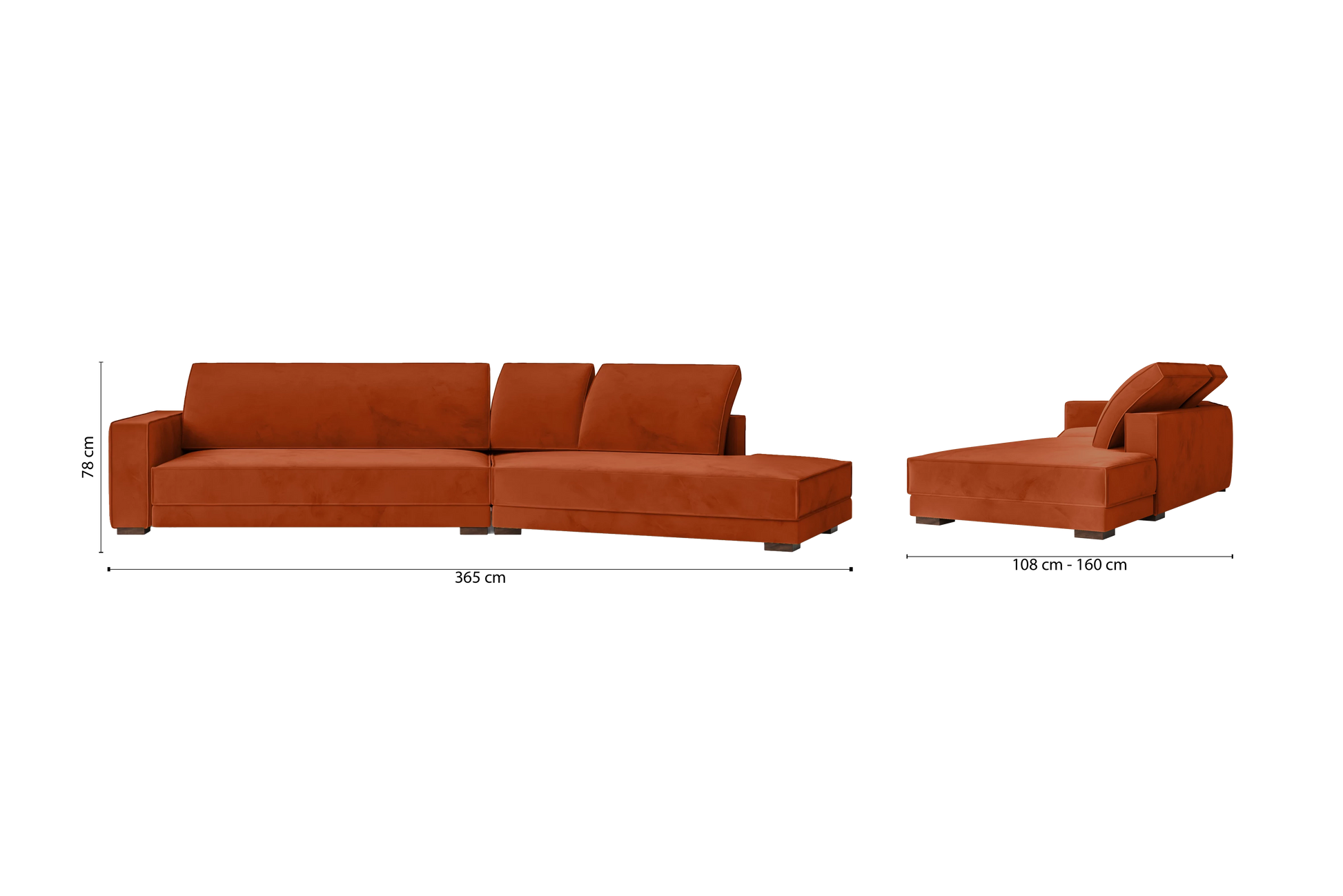 Bolzano 4 Seater Right Hand Facing Chaise Lounge Corner Sofa Orange Velvet