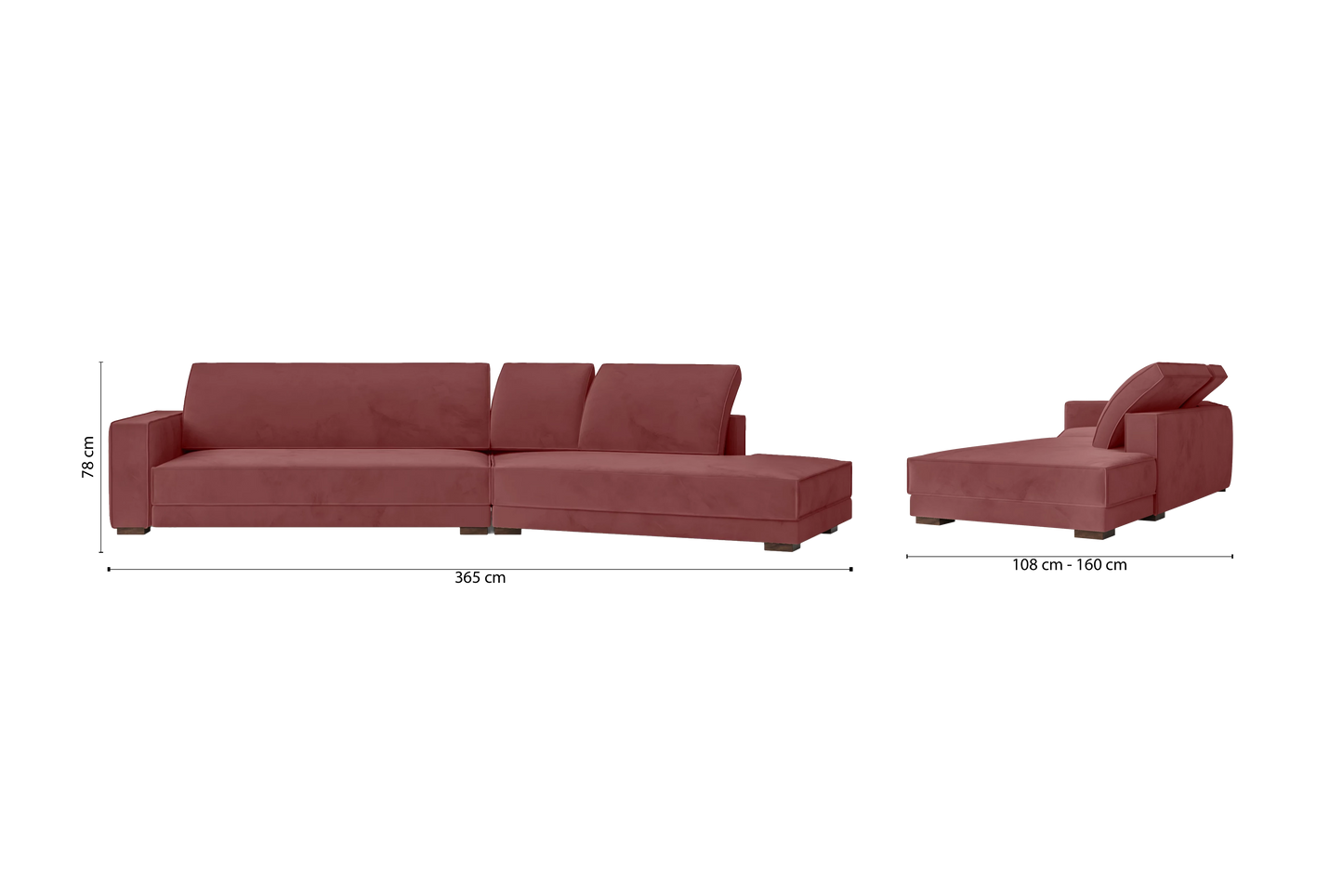 Bolzano 4 Seater Right Hand Facing Chaise Lounge Corner Sofa Pink Velvet