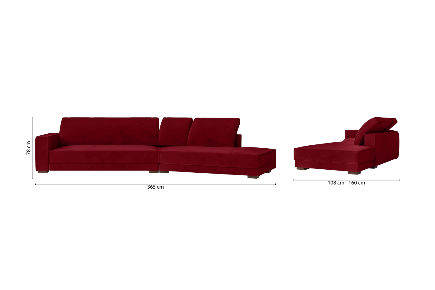 Bolzano 4 Seater Right Hand Facing Chaise Lounge Corner Sofa Red Velvet