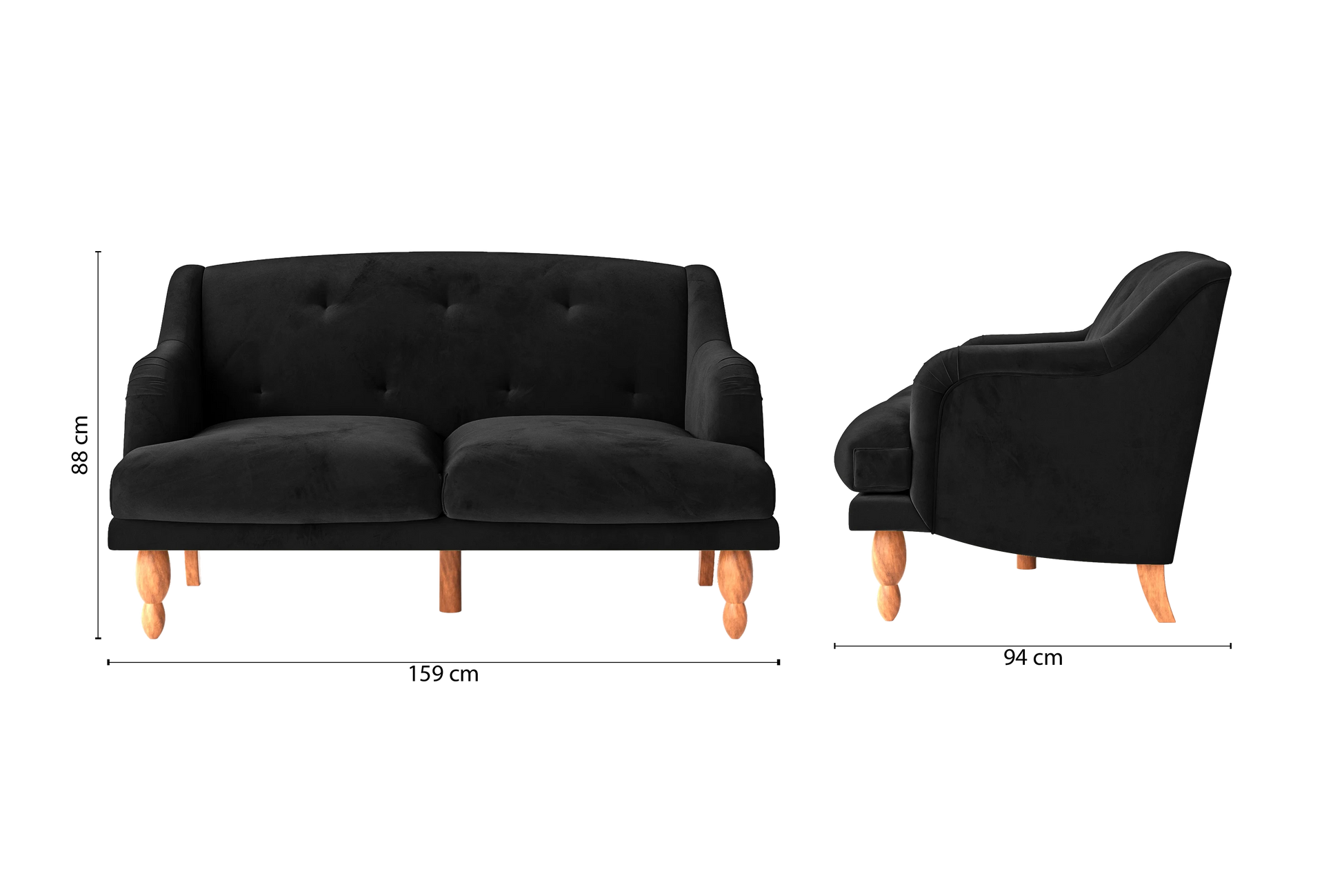 Burlington 2 Seater Sofa Black Velvet