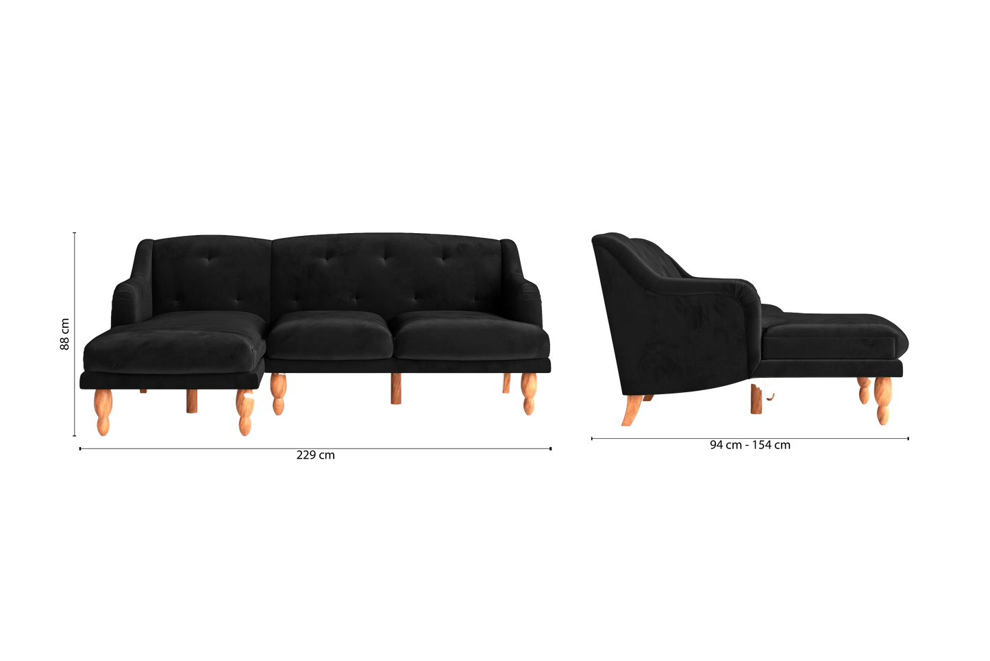 Burlington 3 Seater Left Hand Facing Chaise Lounge Corner Sofa Black Velvet