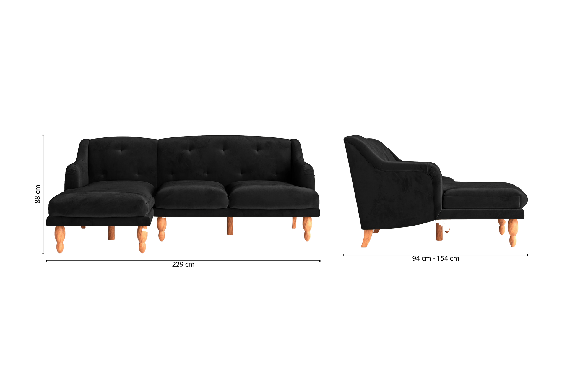 Burlington 3 Seater Left Hand Facing Chaise Lounge Corner Sofa Black Velvet