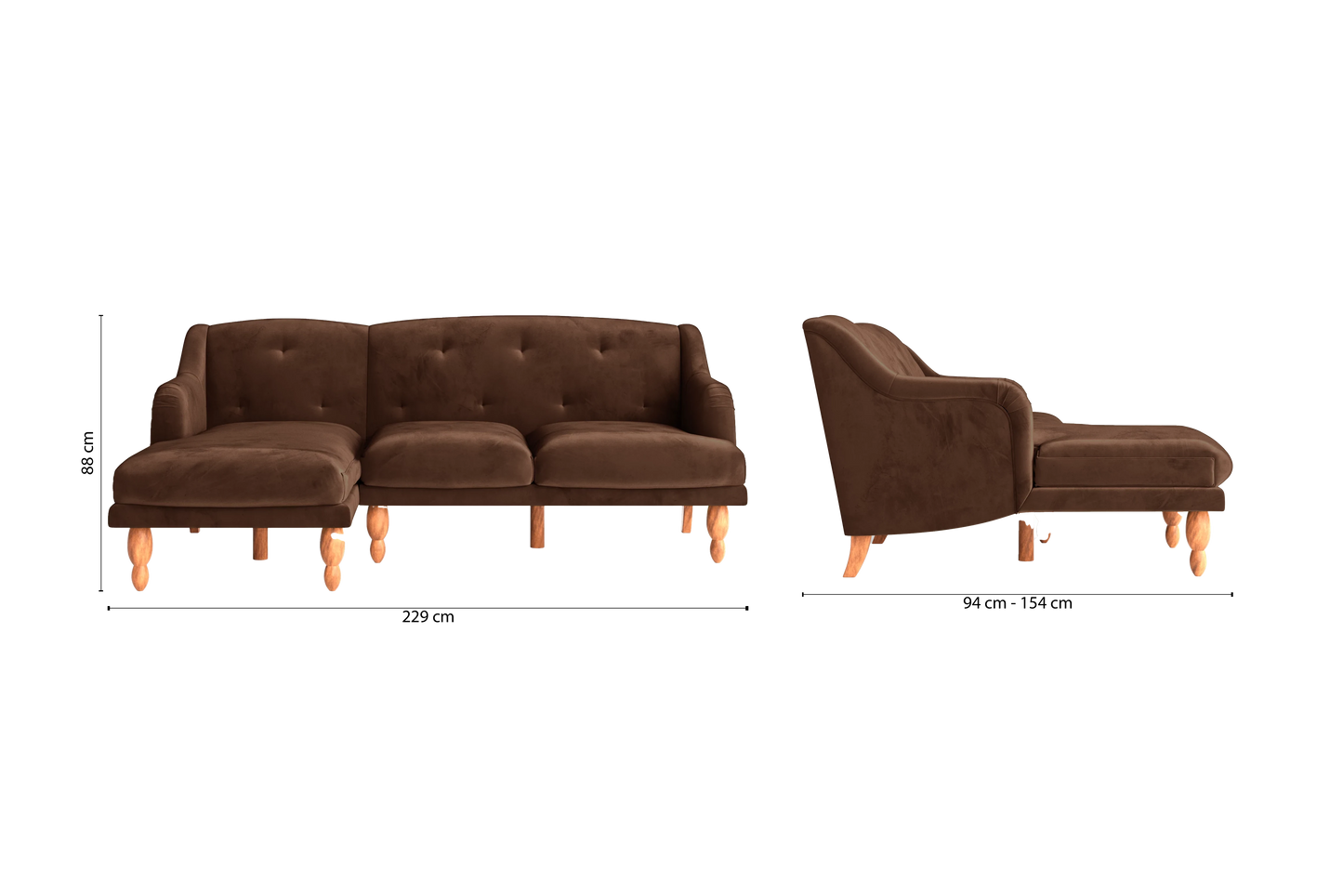 Burlington 3 Seater Left Hand Facing Chaise Lounge Corner Sofa Coffee Brown Velvet