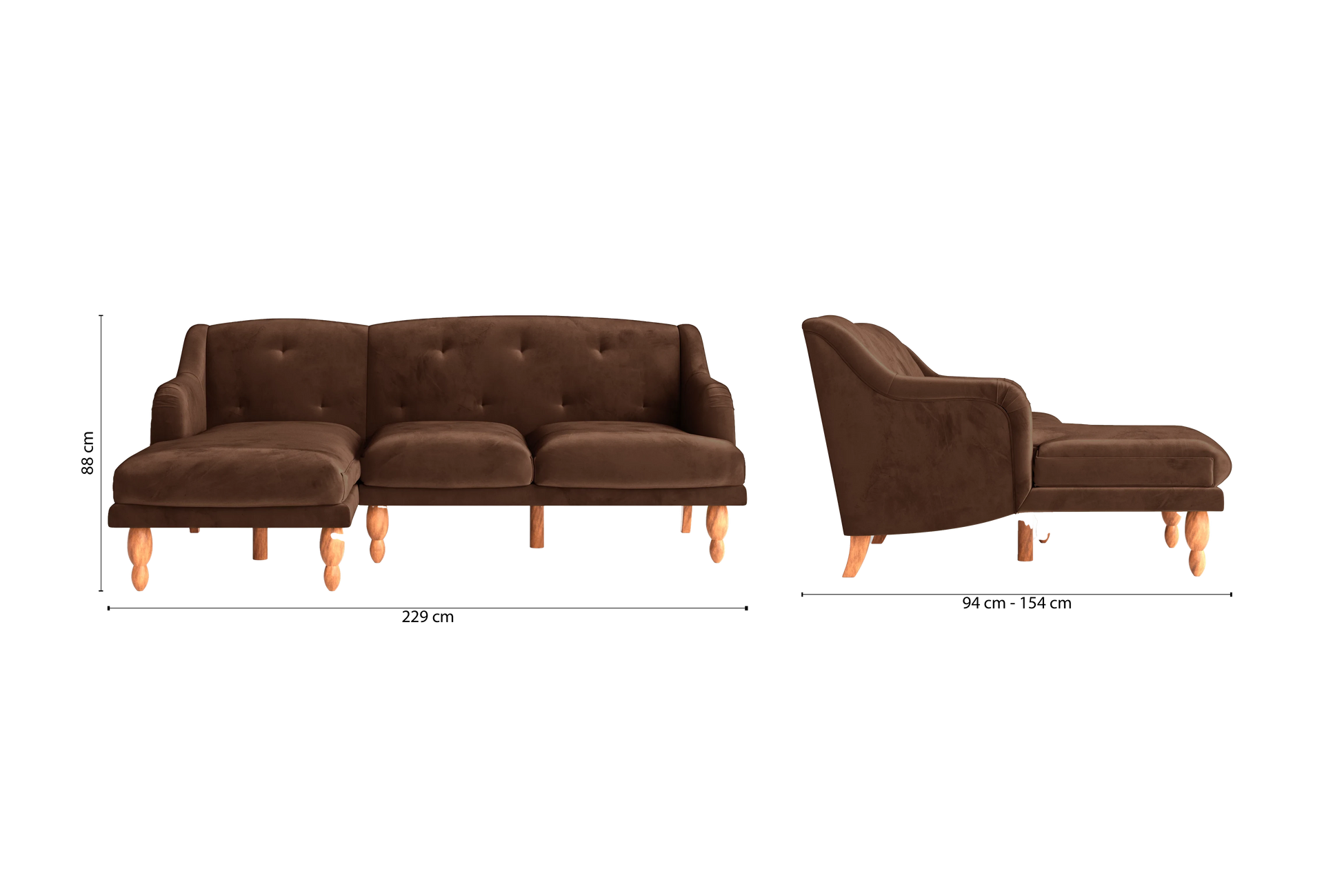 Burlington 3 Seater Left Hand Facing Chaise Lounge Corner Sofa Coffee Brown Velvet