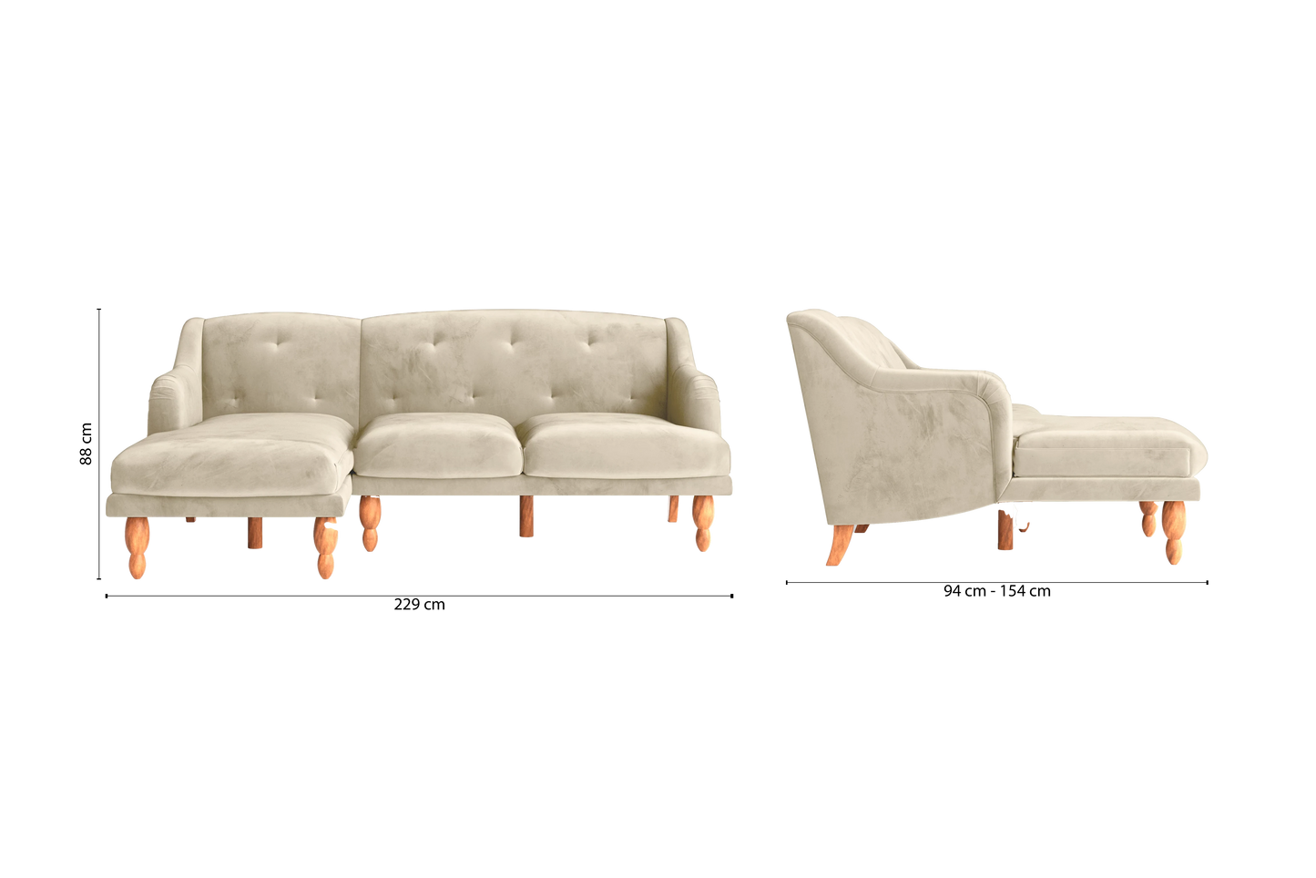 Burlington 3 Seater Left Hand Facing Chaise Lounge Corner Sofa Cream Velvet