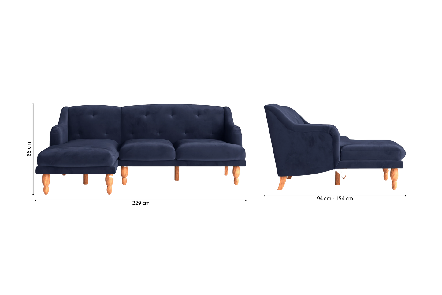 Burlington 3 Seater Left Hand Facing Chaise Lounge Corner Sofa Dark Blue Velvet