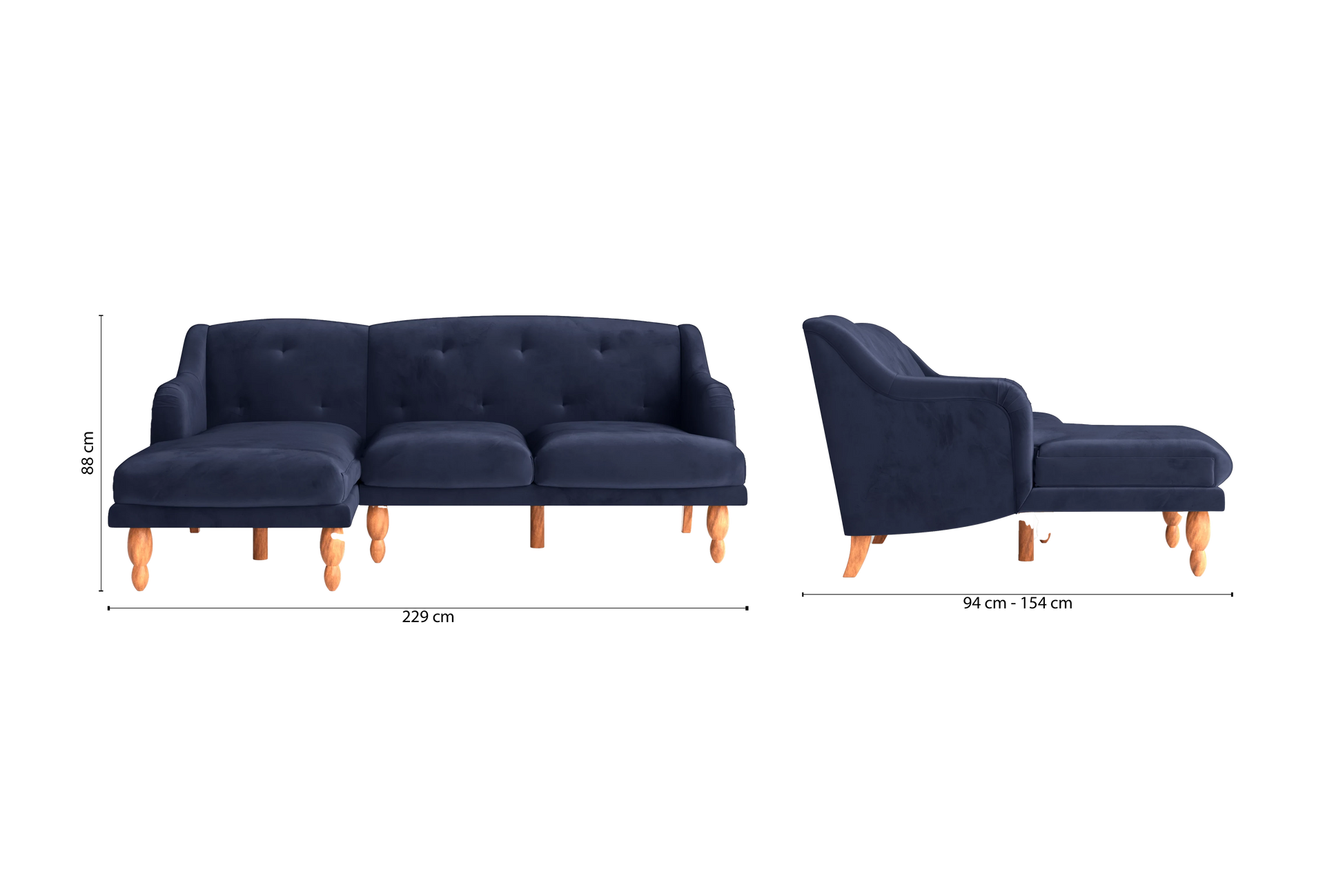 Burlington 3 Seater Left Hand Facing Chaise Lounge Corner Sofa Dark Blue Velvet