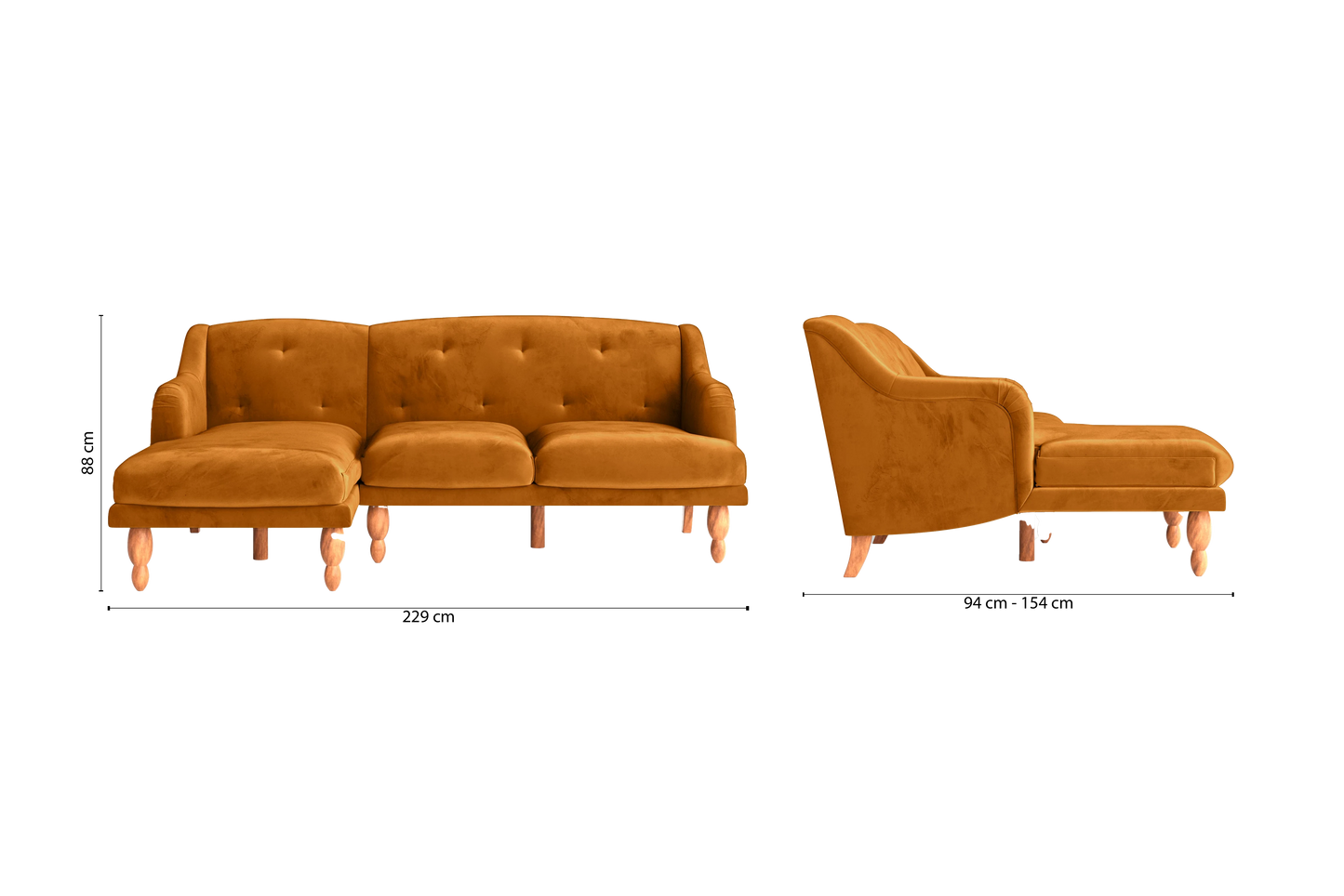 Burlington 3 Seater Left Hand Facing Chaise Lounge Corner Sofa Gold Velvet