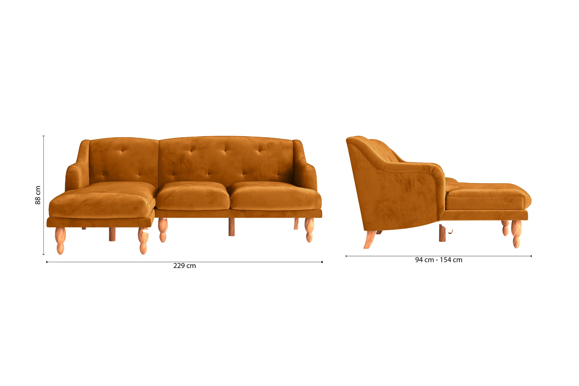 Burlington 3 Seater Left Hand Facing Chaise Lounge Corner Sofa Gold Velvet