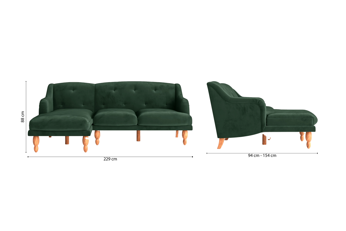 Burlington 3 Seater Left Hand Facing Chaise Lounge Corner Sofa Green Velvet