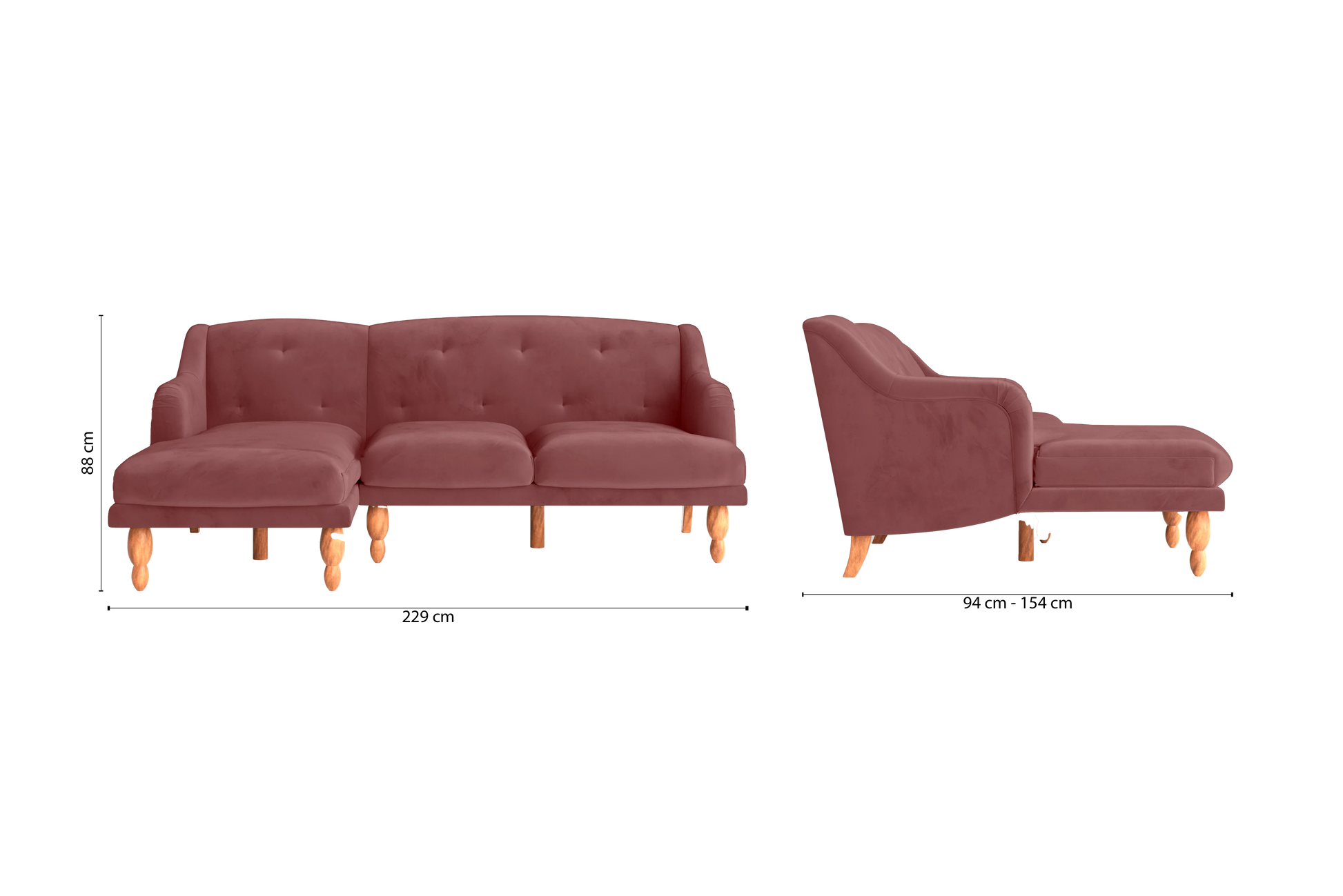 Burlington 3 Seater Left Hand Facing Chaise Lounge Corner Sofa Pink Velvet