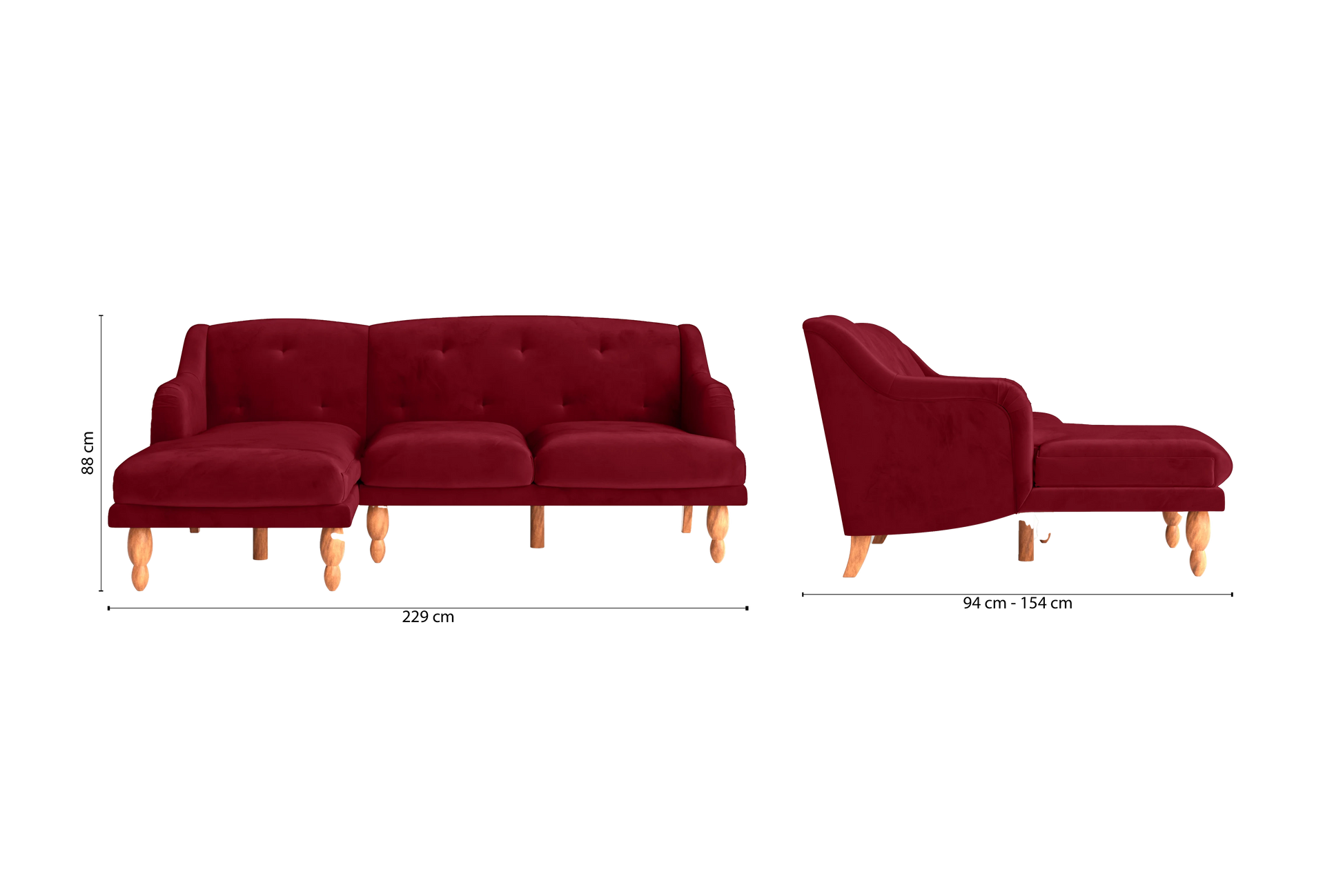 Burlington 3 Seater Left Hand Facing Chaise Lounge Corner Sofa Red Velvet