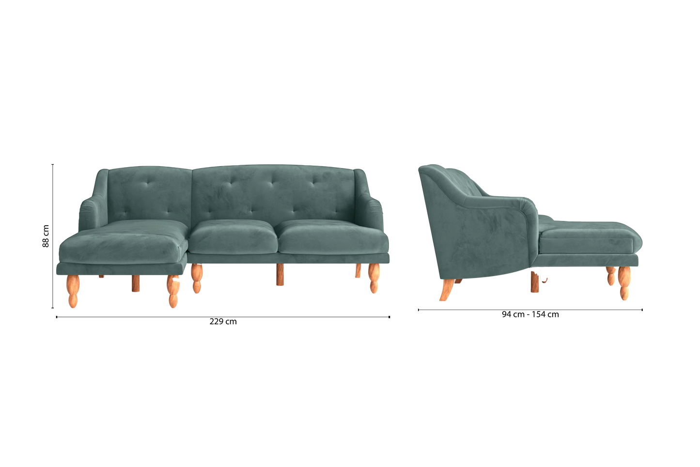 Burlington 3 Seater Left Hand Facing Chaise Lounge Corner Sofa Teal Velvet