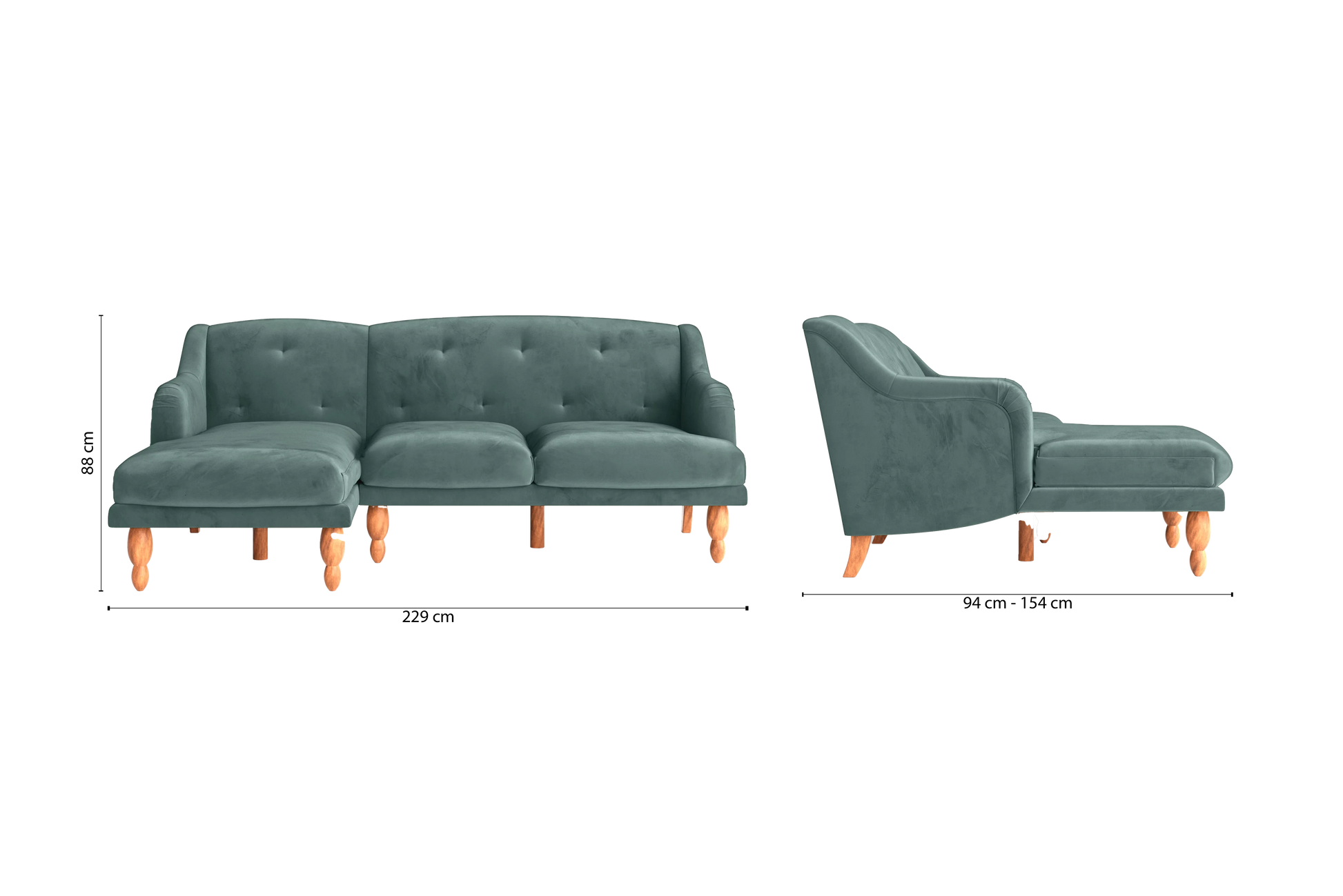 Burlington 3 Seater Left Hand Facing Chaise Lounge Corner Sofa Teal Velvet