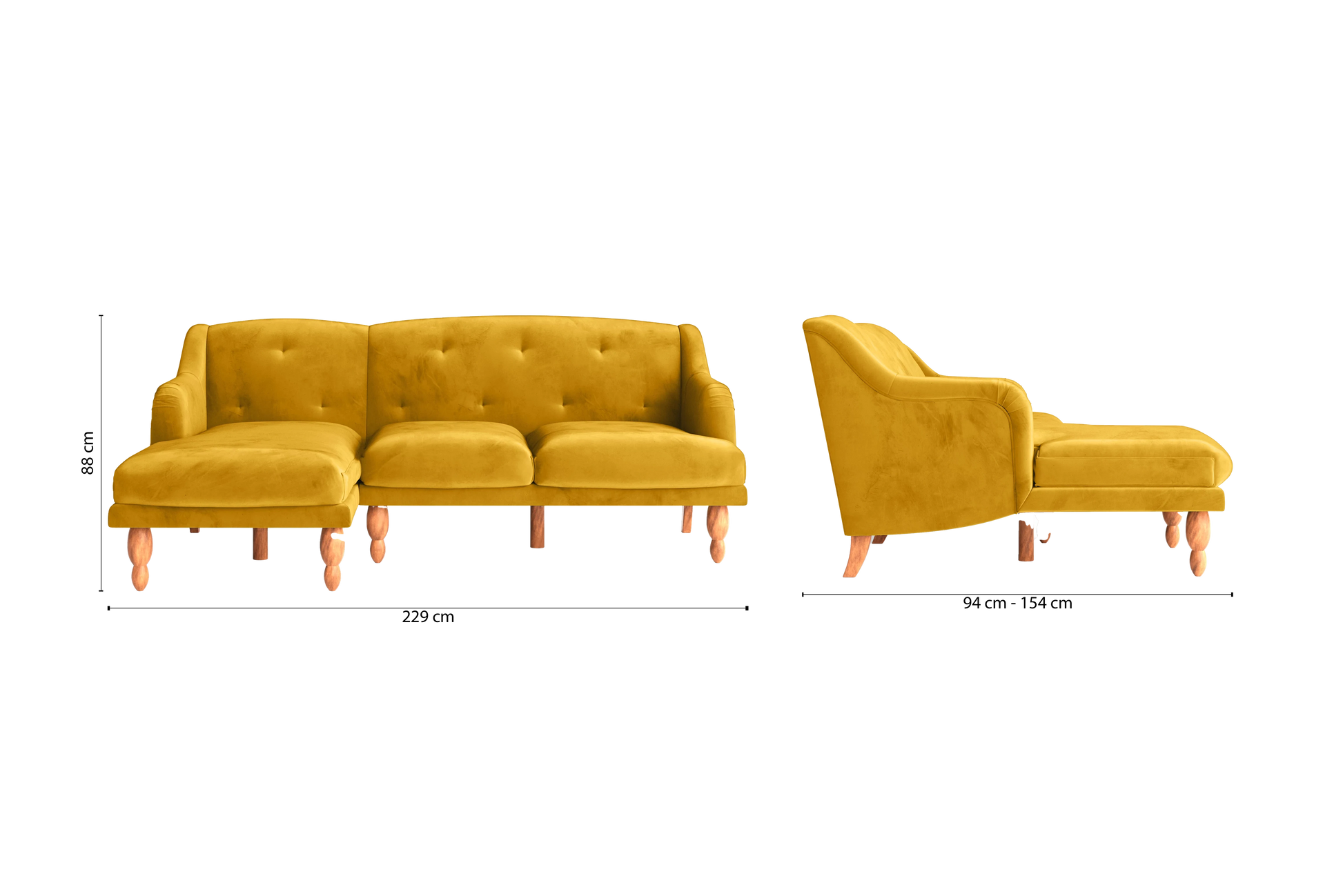 Burlington 3 Seater Left Hand Facing Chaise Lounge Corner Sofa Yellow Velvet