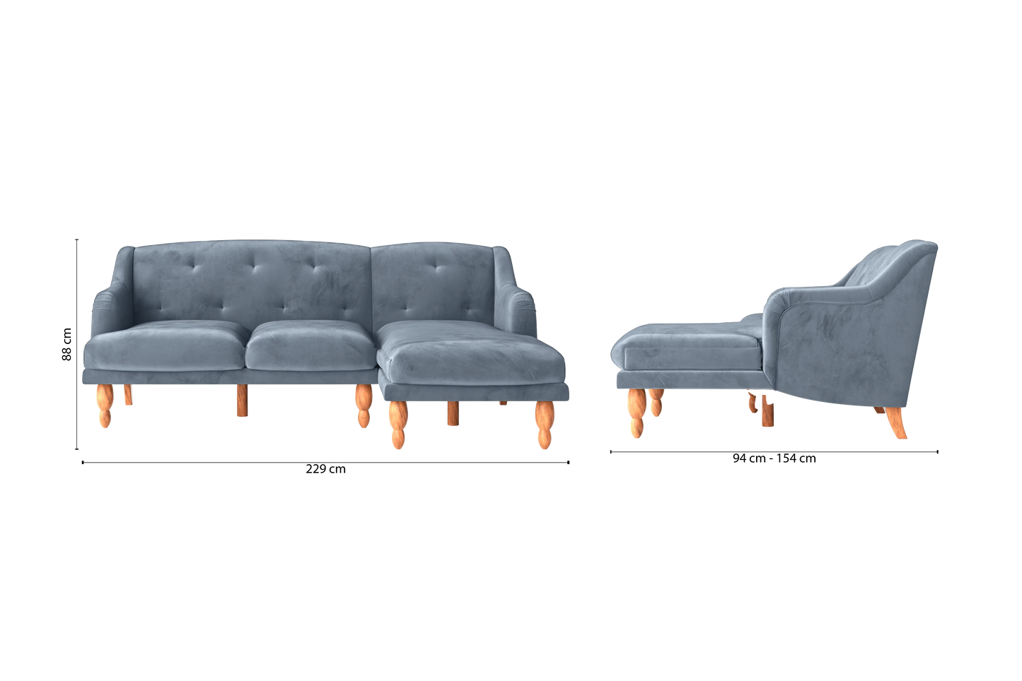 Burlington 3 Seater Right Hand Facing Chaise Lounge Corner Sofa Baby Blue Velvet