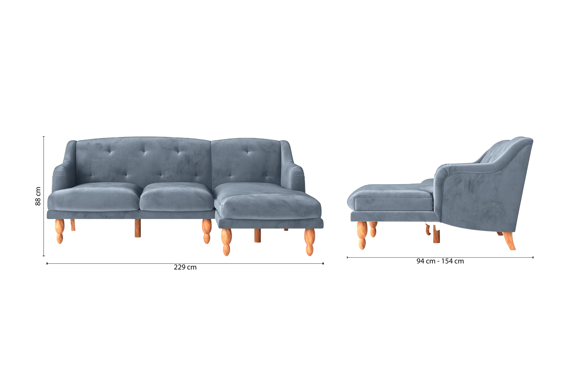 Burlington 3 Seater Right Hand Facing Chaise Lounge Corner Sofa Baby Blue Velvet