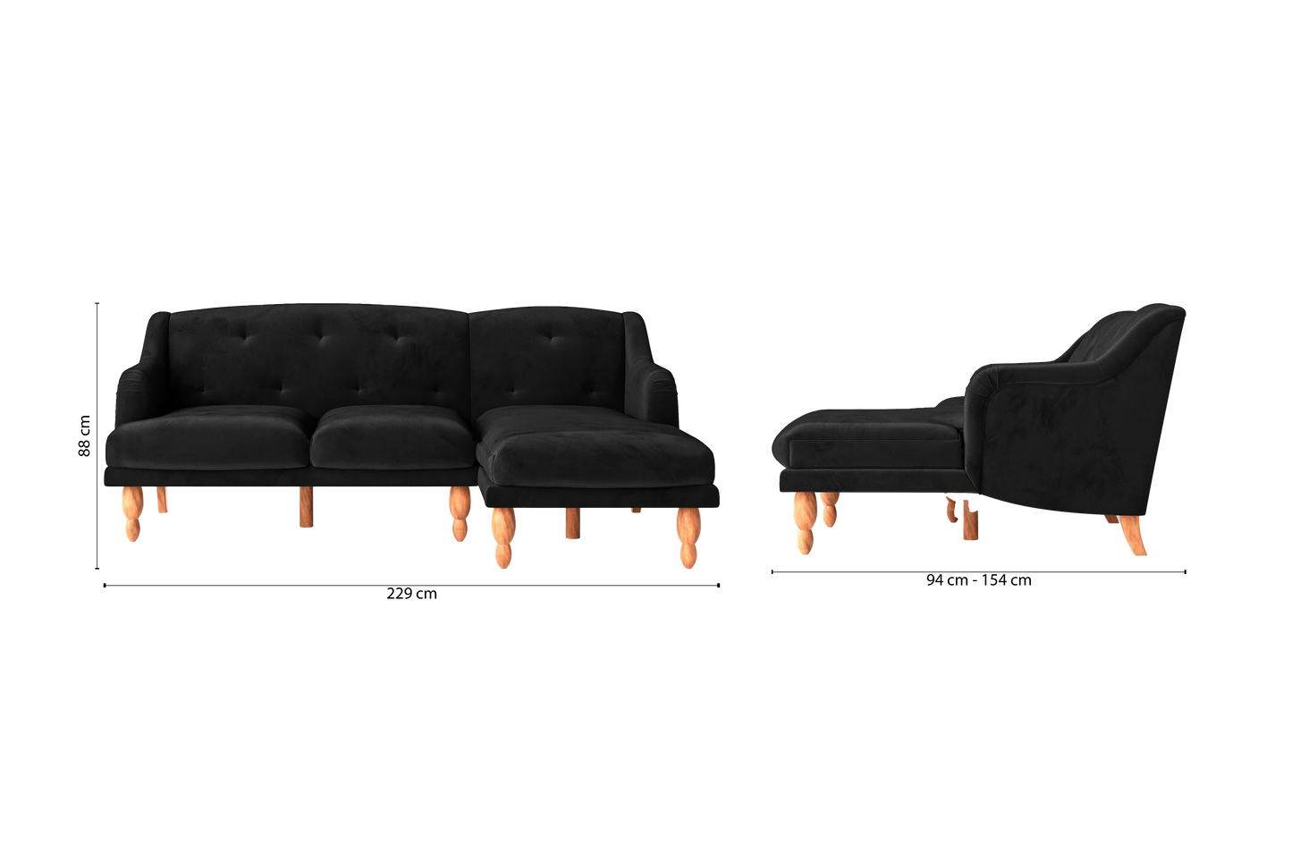 Burlington 3 Seater Right Hand Facing Chaise Lounge Corner Sofa Black Velvet