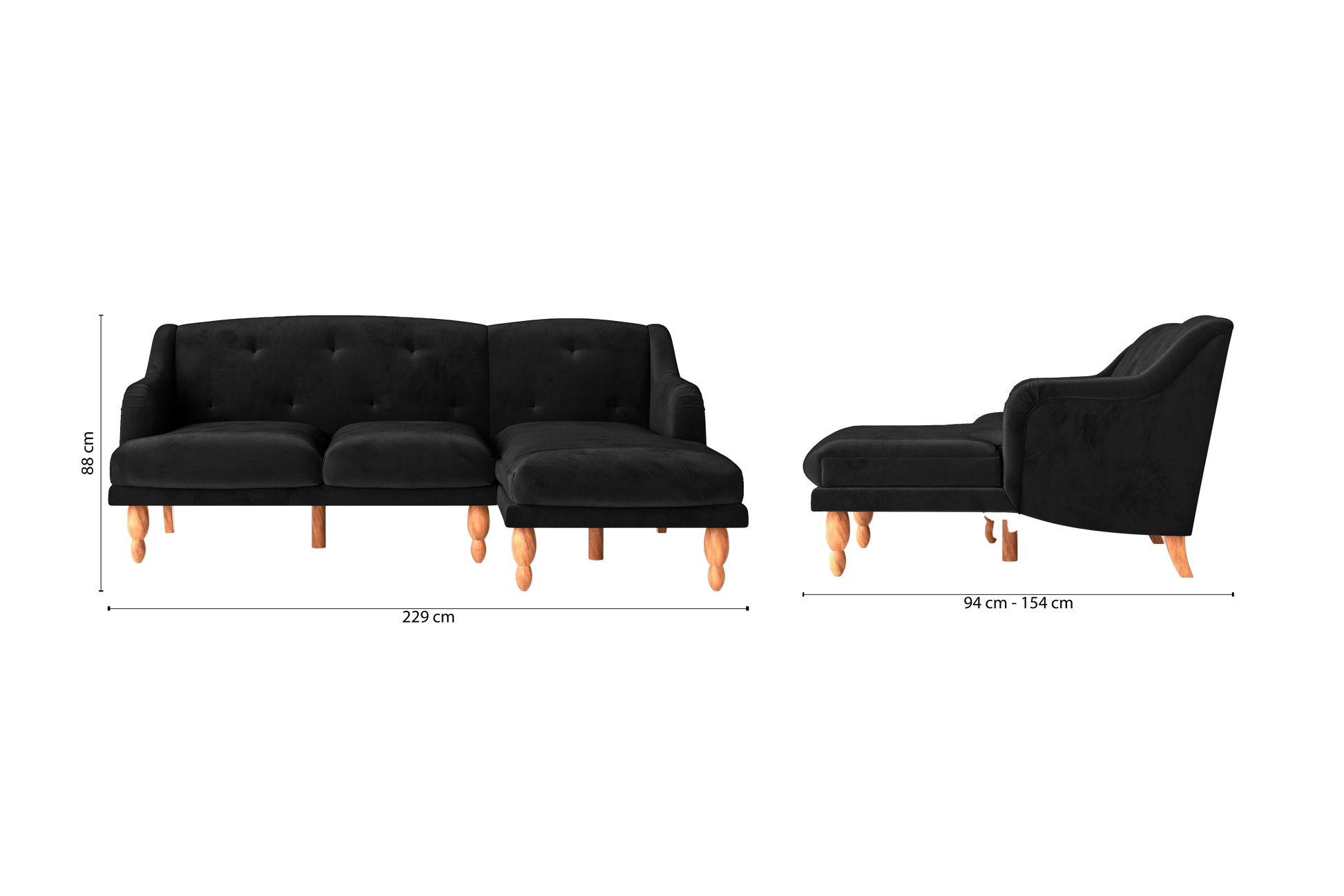 Burlington 3 Seater Right Hand Facing Chaise Lounge Corner Sofa Black Velvet