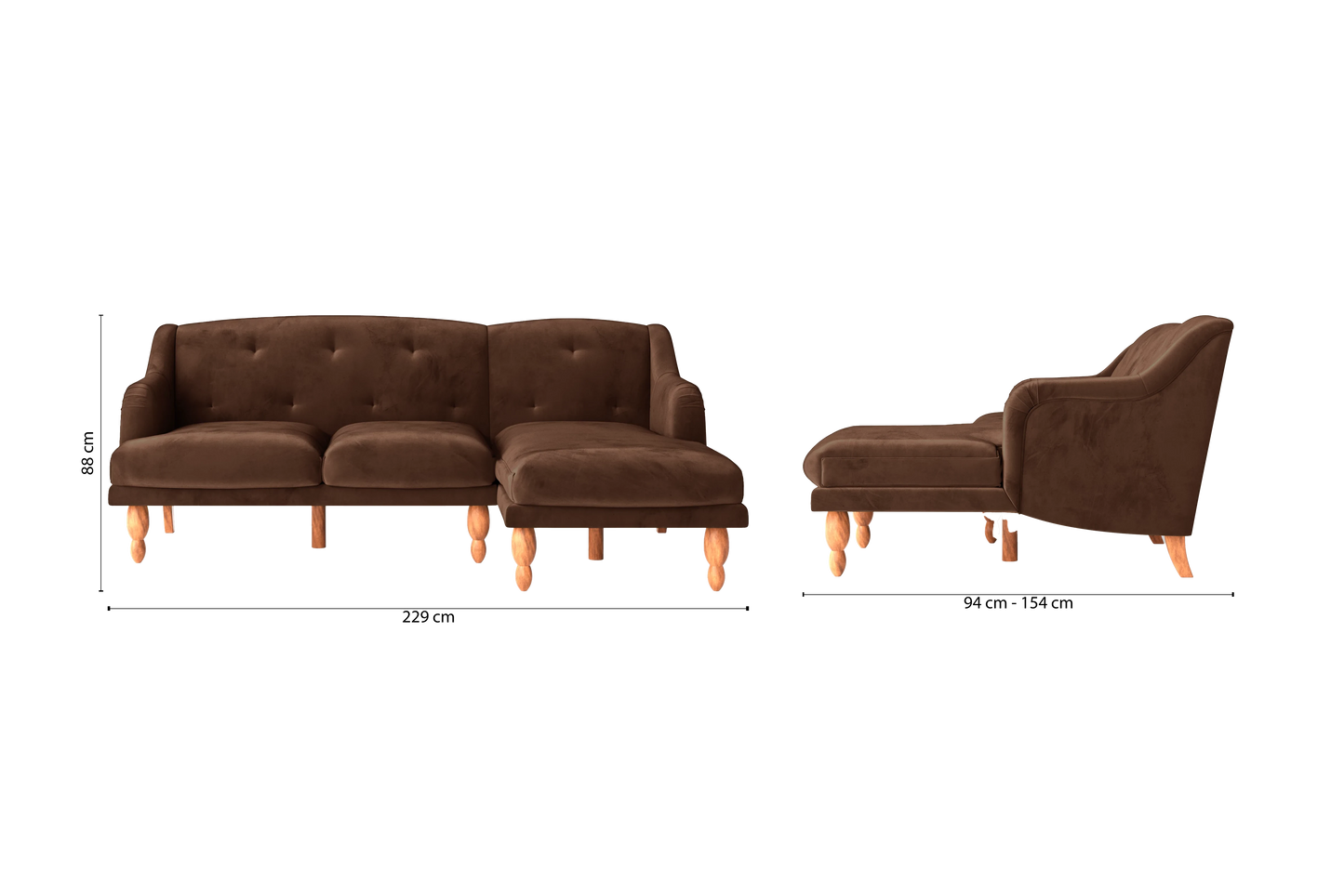 Burlington 3 Seater Right Hand Facing Chaise Lounge Corner Sofa Coffee Brown Velvet