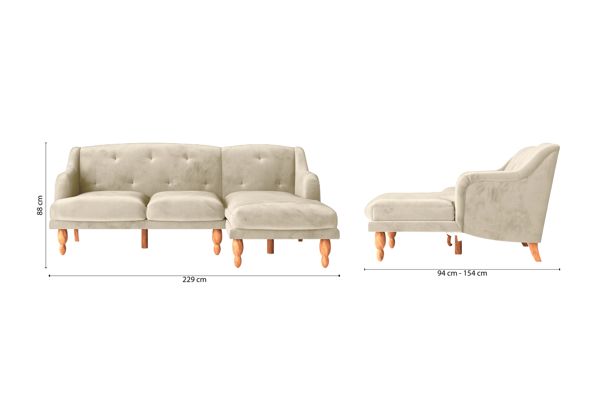 Burlington 3 Seater Right Hand Facing Chaise Lounge Corner Sofa Cream Velvet