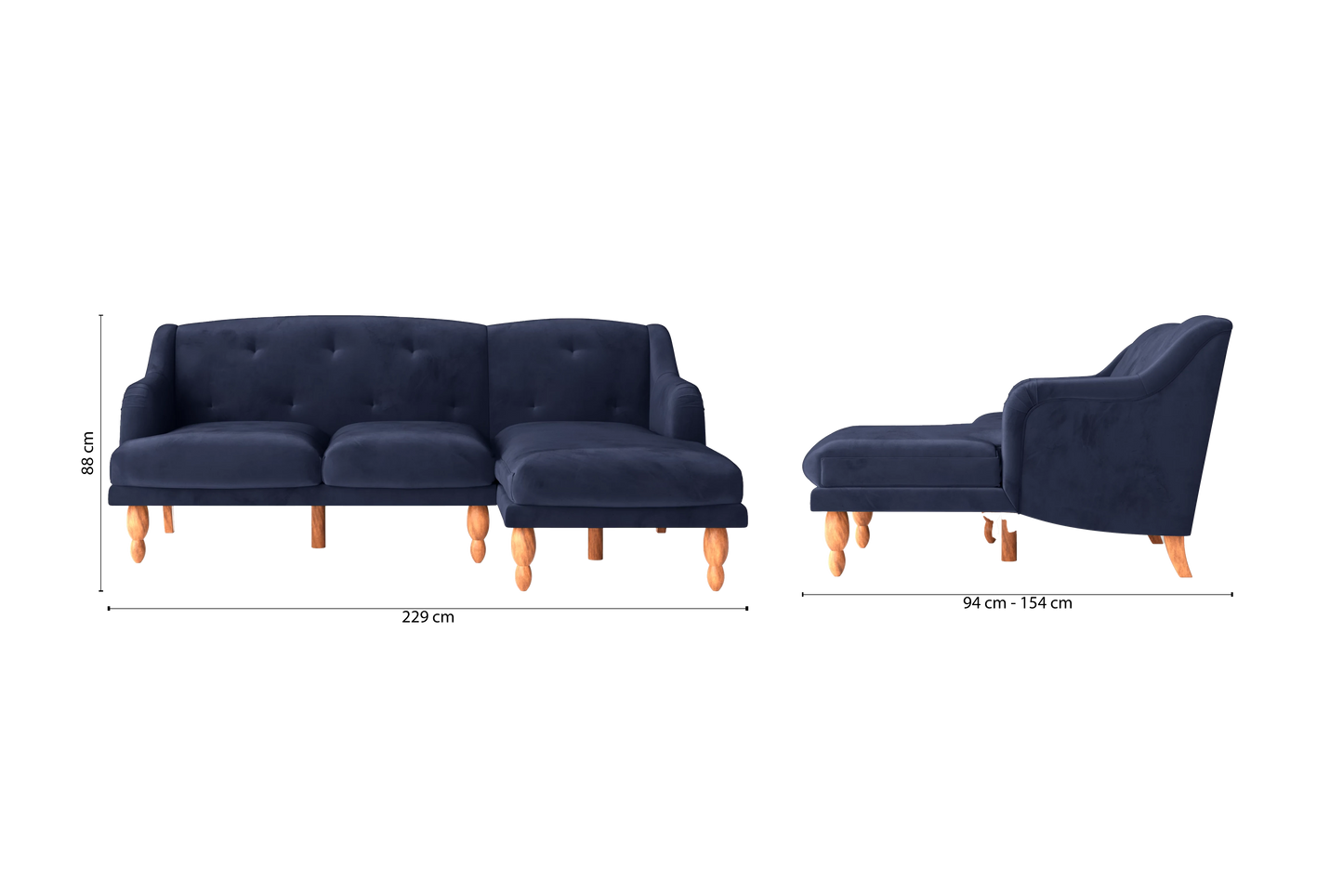 Burlington 3 Seater Right Hand Facing Chaise Lounge Corner Sofa Dark Blue Velvet