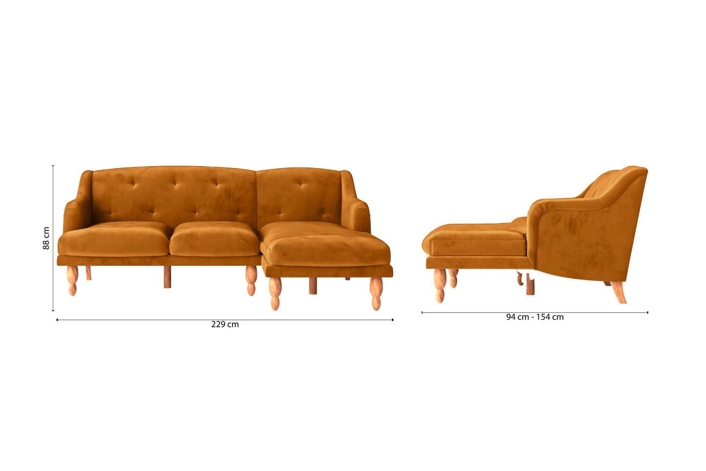 Burlington 3 Seater Right Hand Facing Chaise Lounge Corner Sofa Gold Velvet