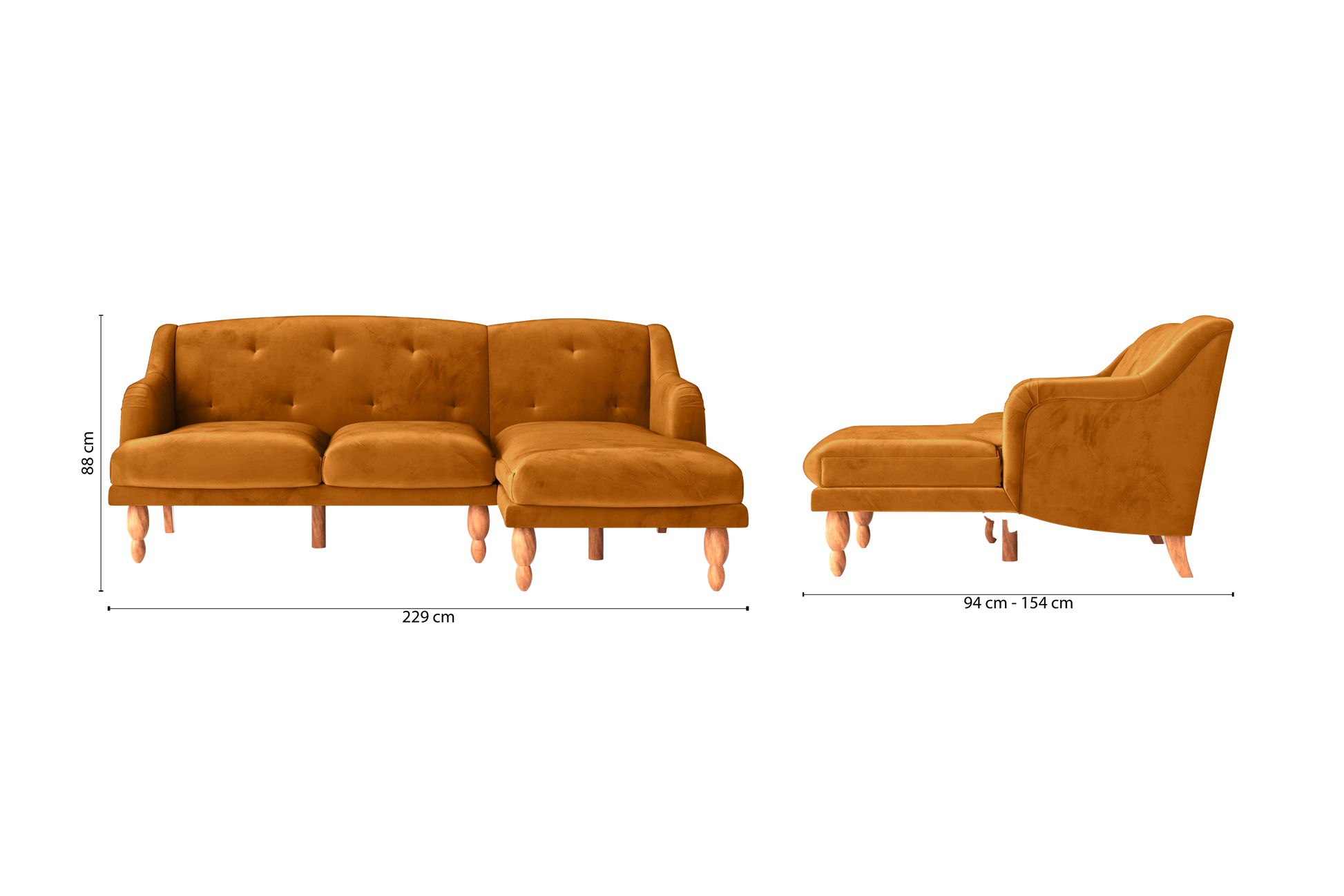 Burlington 3 Seater Right Hand Facing Chaise Lounge Corner Sofa Gold Velvet