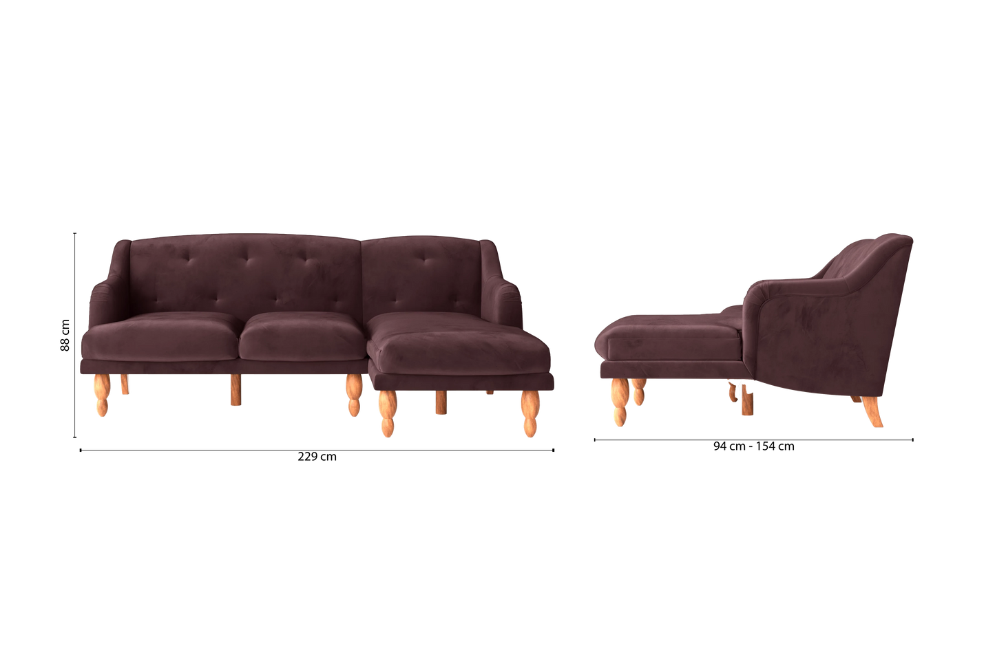 Burlington 3 Seater Right Hand Facing Chaise Lounge Corner Sofa Grape Velvet