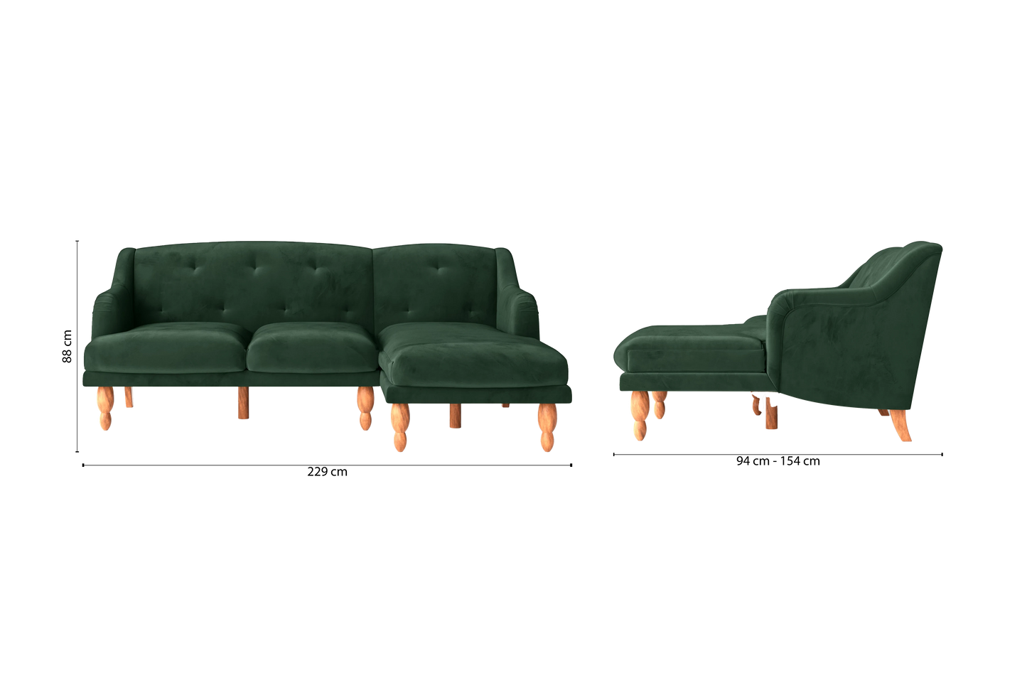 Burlington 3 Seater Right Hand Facing Chaise Lounge Corner Sofa Green Velvet