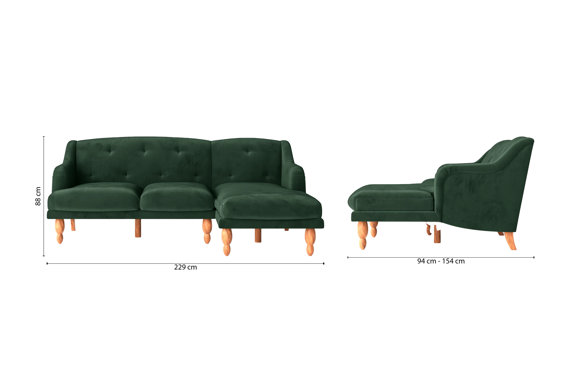 Burlington 3 Seater Right Hand Facing Chaise Lounge Corner Sofa Green Velvet