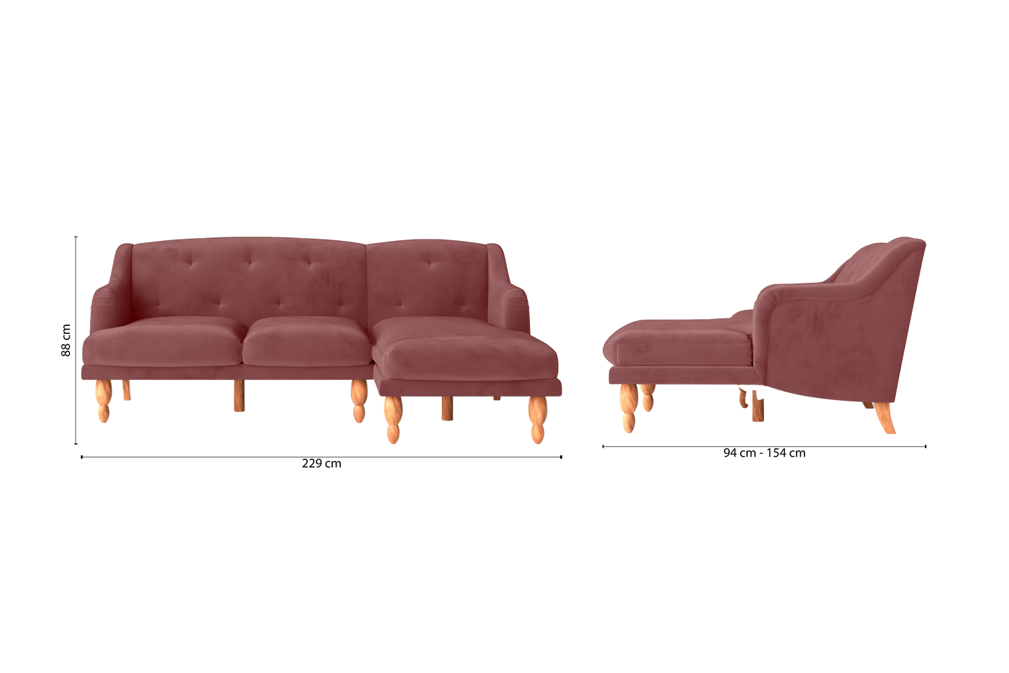 Burlington 3 Seater Right Hand Facing Chaise Lounge Corner Sofa Pink Velvet