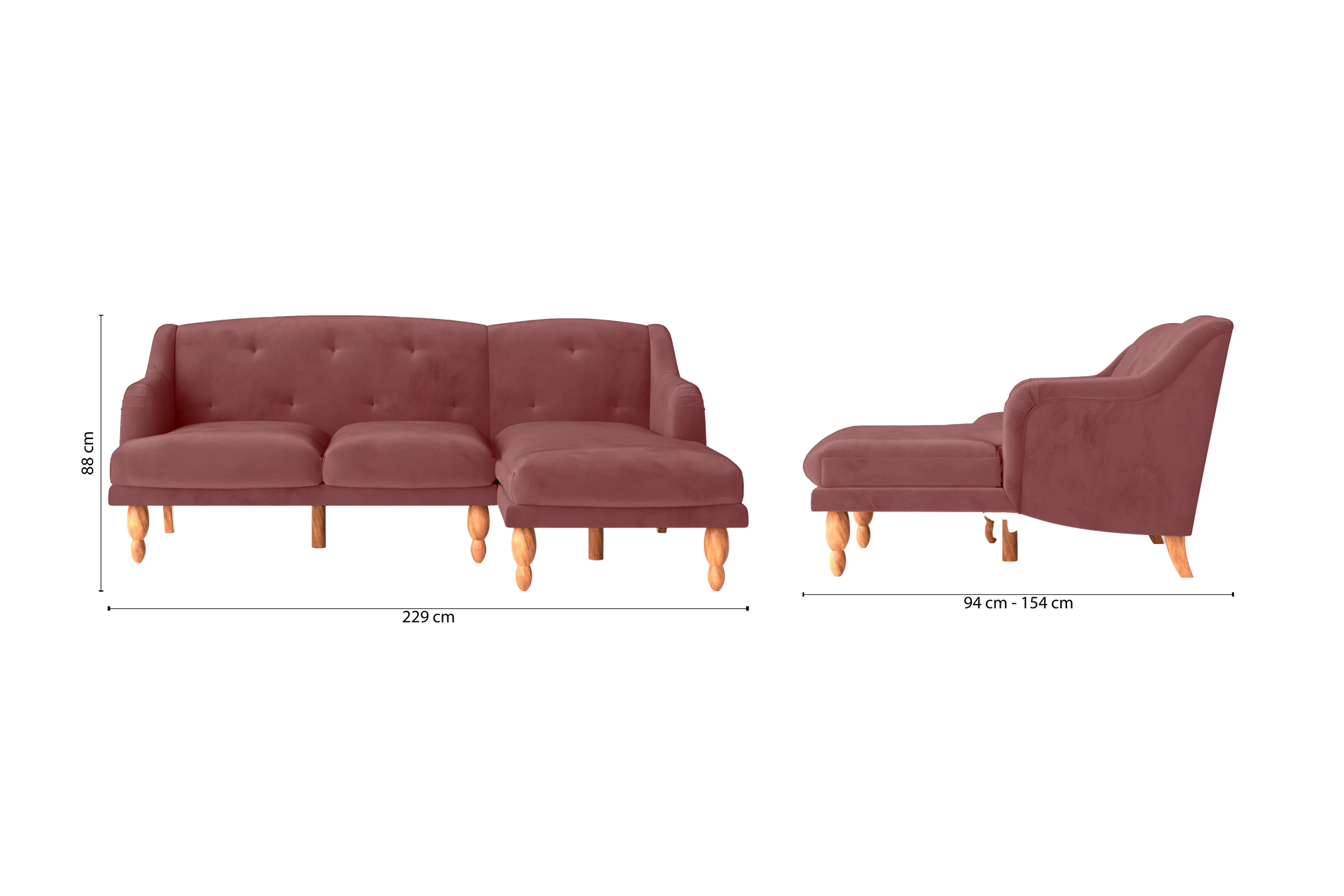 Burlington 3 Seater Right Hand Facing Chaise Lounge Corner Sofa Pink Velvet