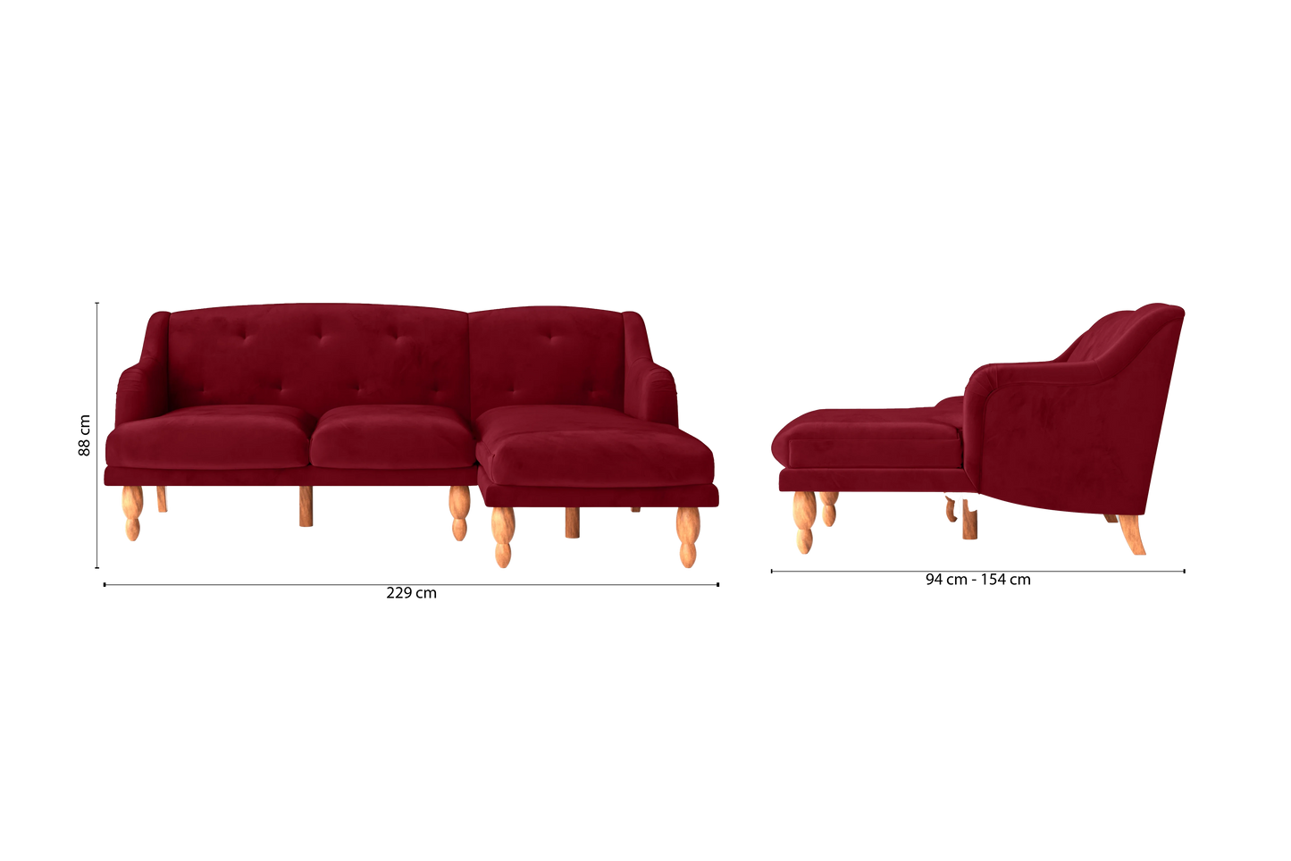 Burlington 3 Seater Right Hand Facing Chaise Lounge Corner Sofa Red Velvet