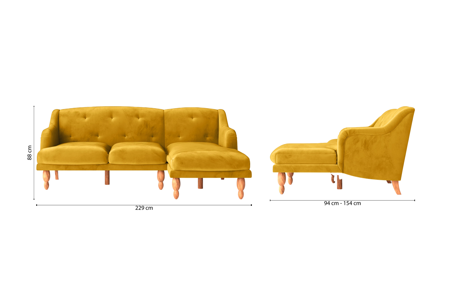 Burlington 3 Seater Right Hand Facing Chaise Lounge Corner Sofa Yellow Velvet